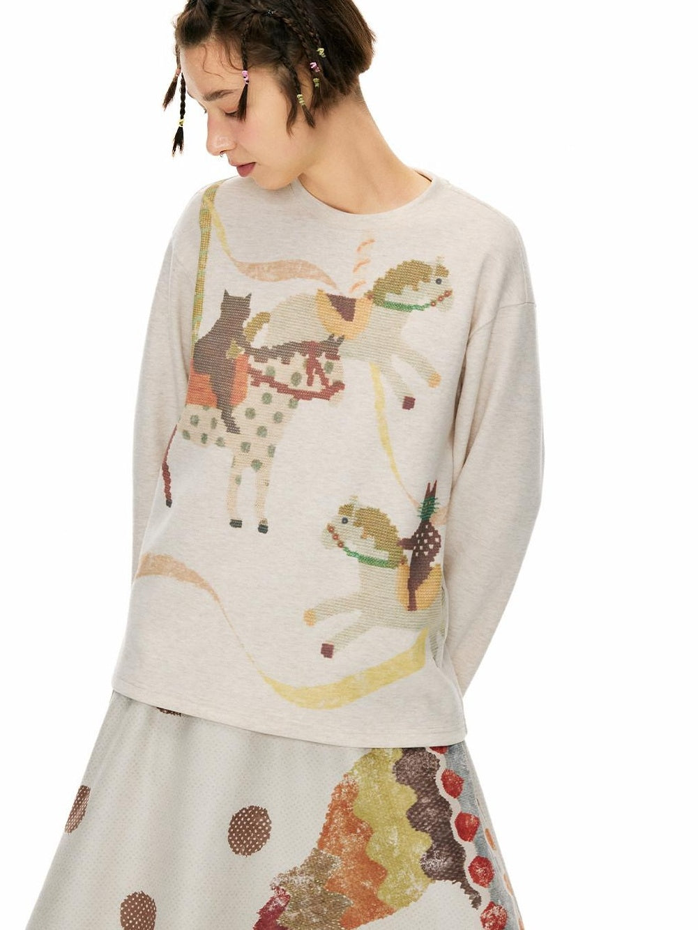 OuttheBlue Thick Printed Oversized Round Neck Women Acrylic Blend Long Sleeve T-Shirts