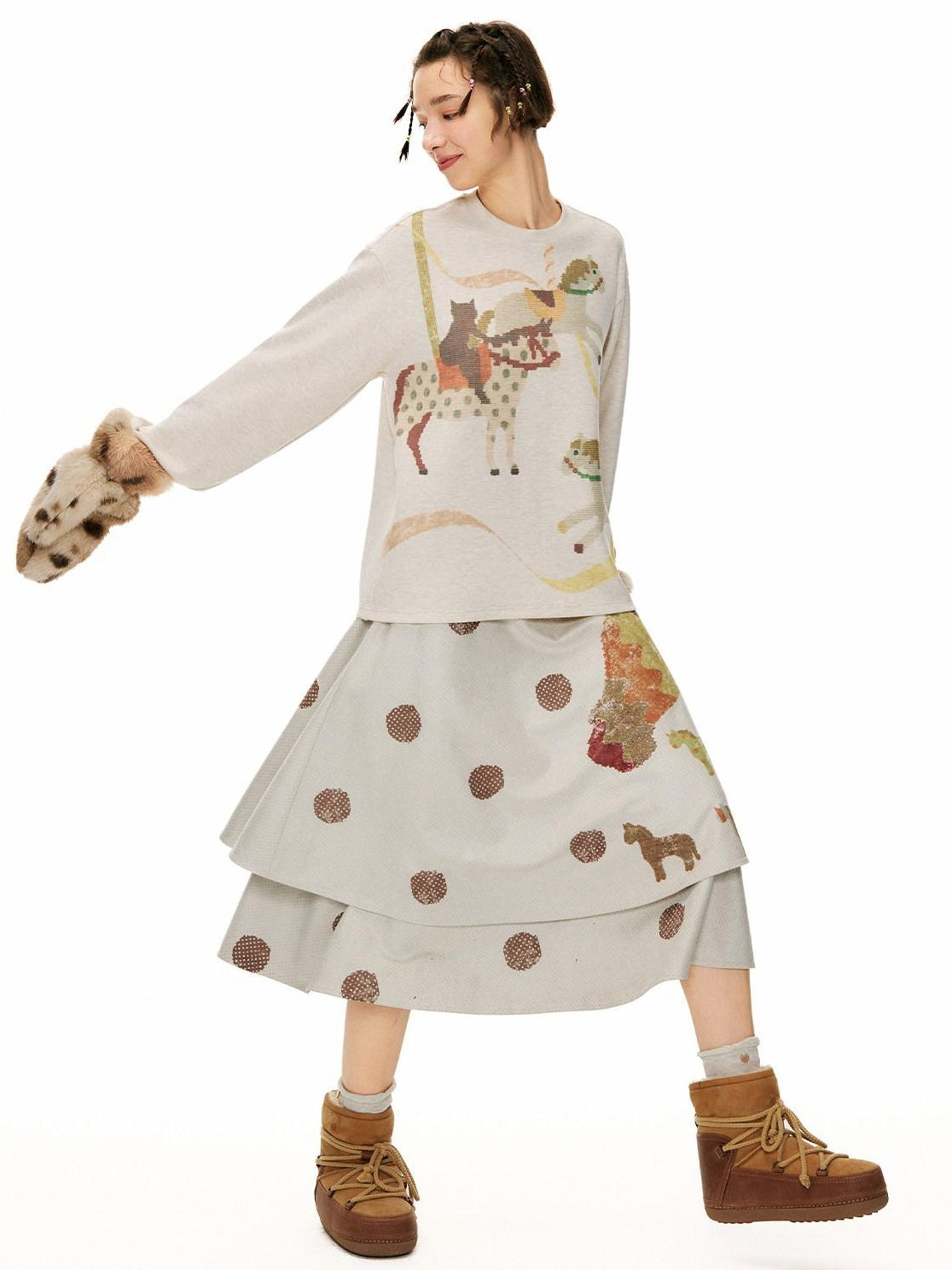 OuttheBlue Thick Printed Oversized Round Neck Women Acrylic Blend Long Sleeve T-Shirts