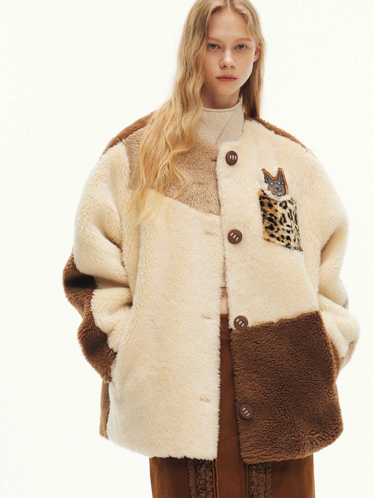 Three Tone Patchwork Shearling Coat V-neck T-shirt Long Sleeve