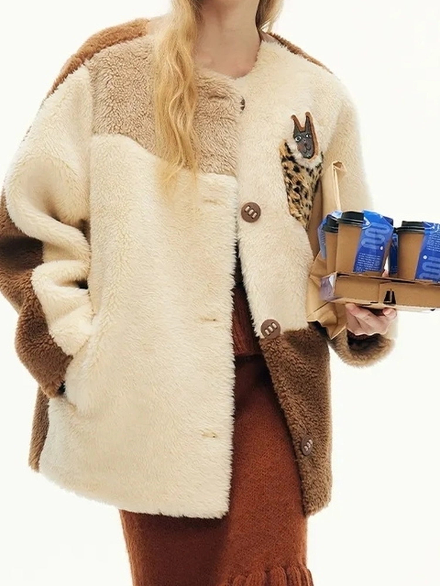 Three Tone Patchwork Shearling Coat V-neck T-shirt Long Sleeve