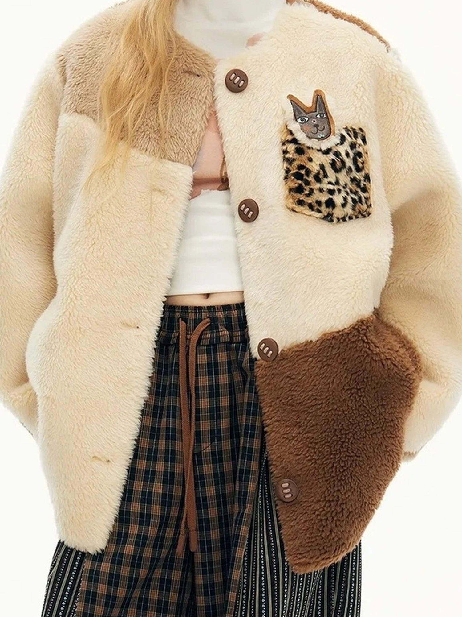 Three Tone Patchwork Shearling Coat V-neck T-shirt Long Sleeve