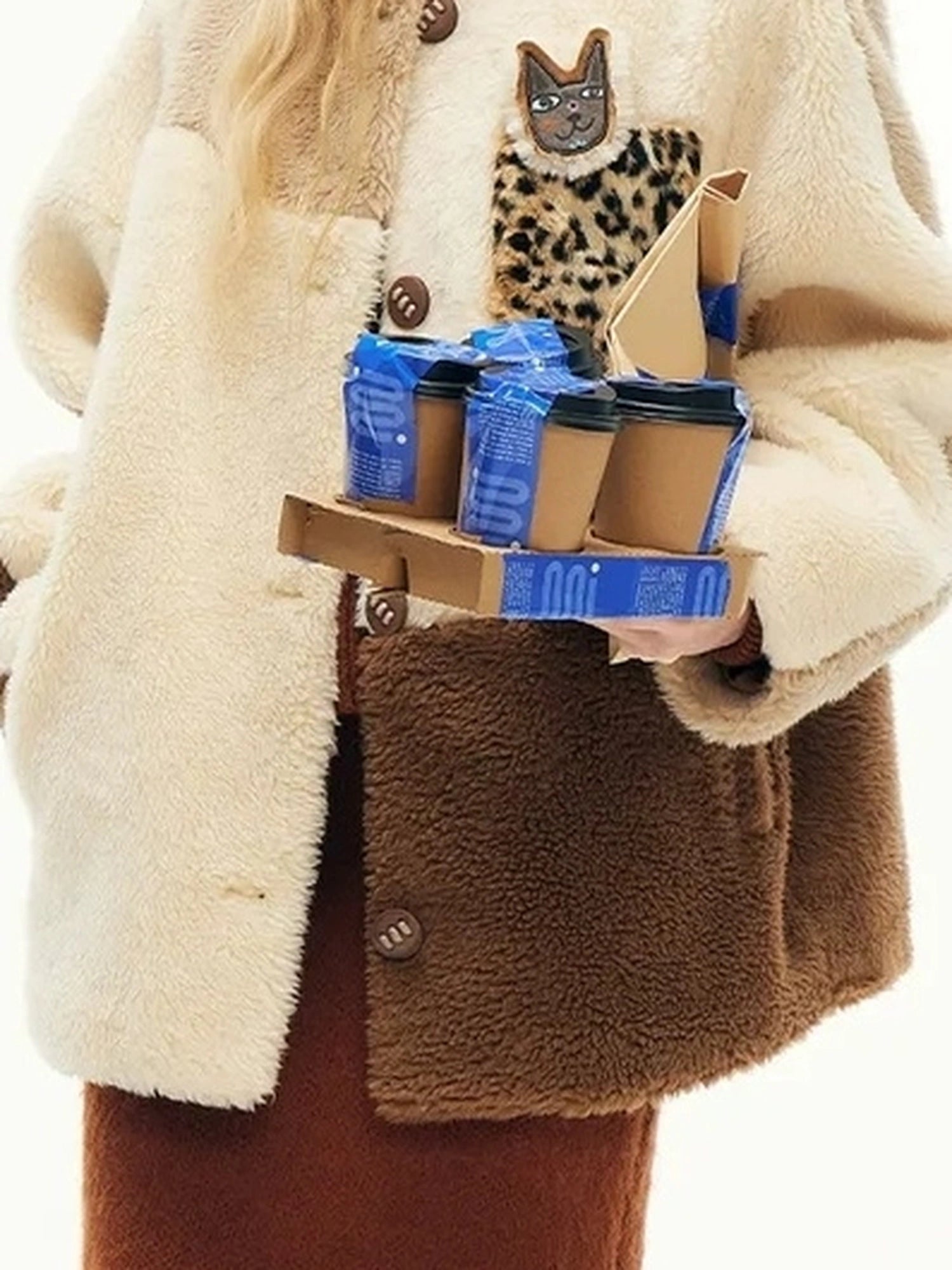 Three Tone Patchwork Shearling Coat V-neck T-shirt Long Sleeve
