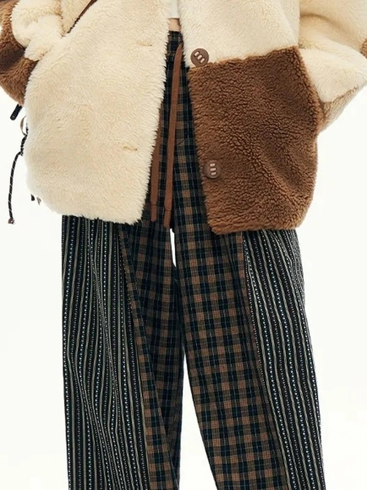 Three Tone Patchwork Shearling Coat V-neck T-shirt Long Sleeve