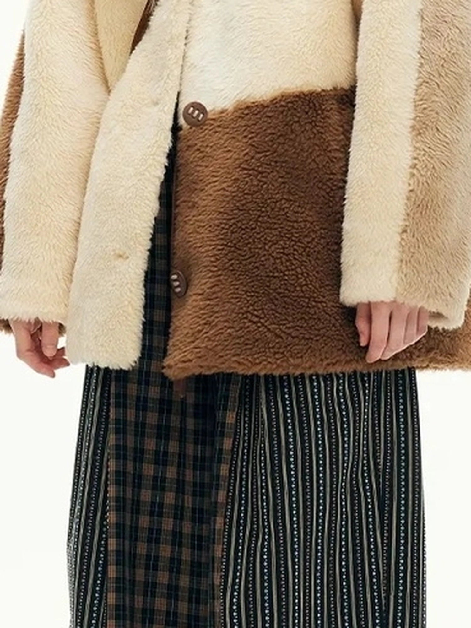 Three Tone Patchwork Shearling Coat V-neck T-shirt Long Sleeve