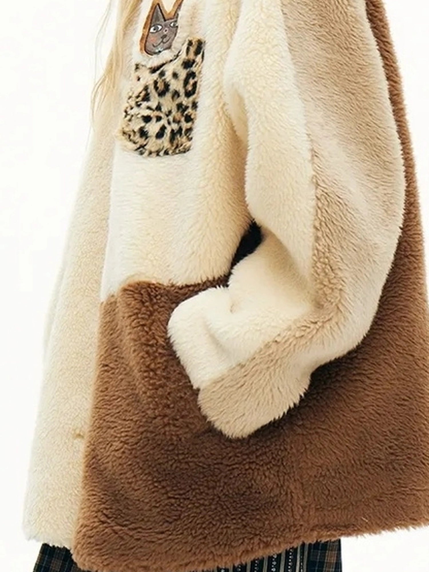Three Tone Patchwork Shearling Coat V-neck T-shirt Long Sleeve