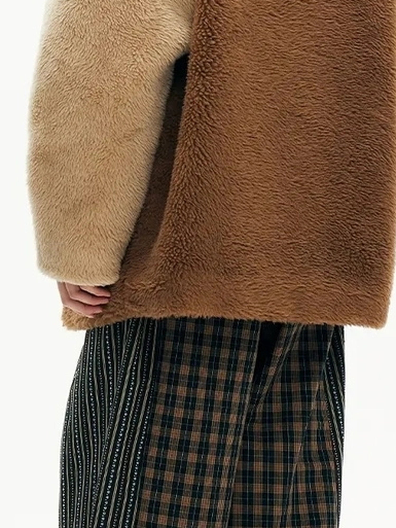 Three Tone Patchwork Shearling Coat V-neck T-shirt Long Sleeve