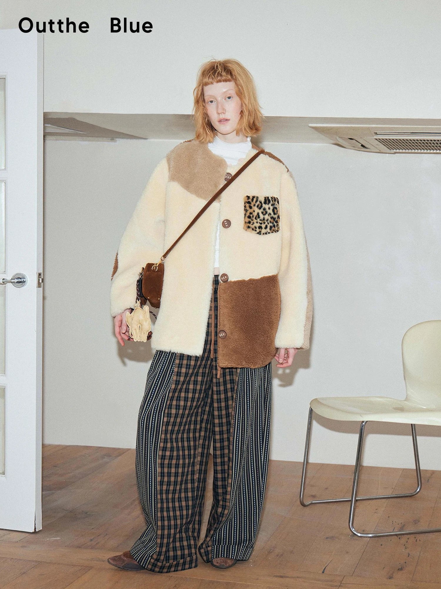 Three Tone Patchwork Shearling Coat V-neck T-shirt Long Sleeve