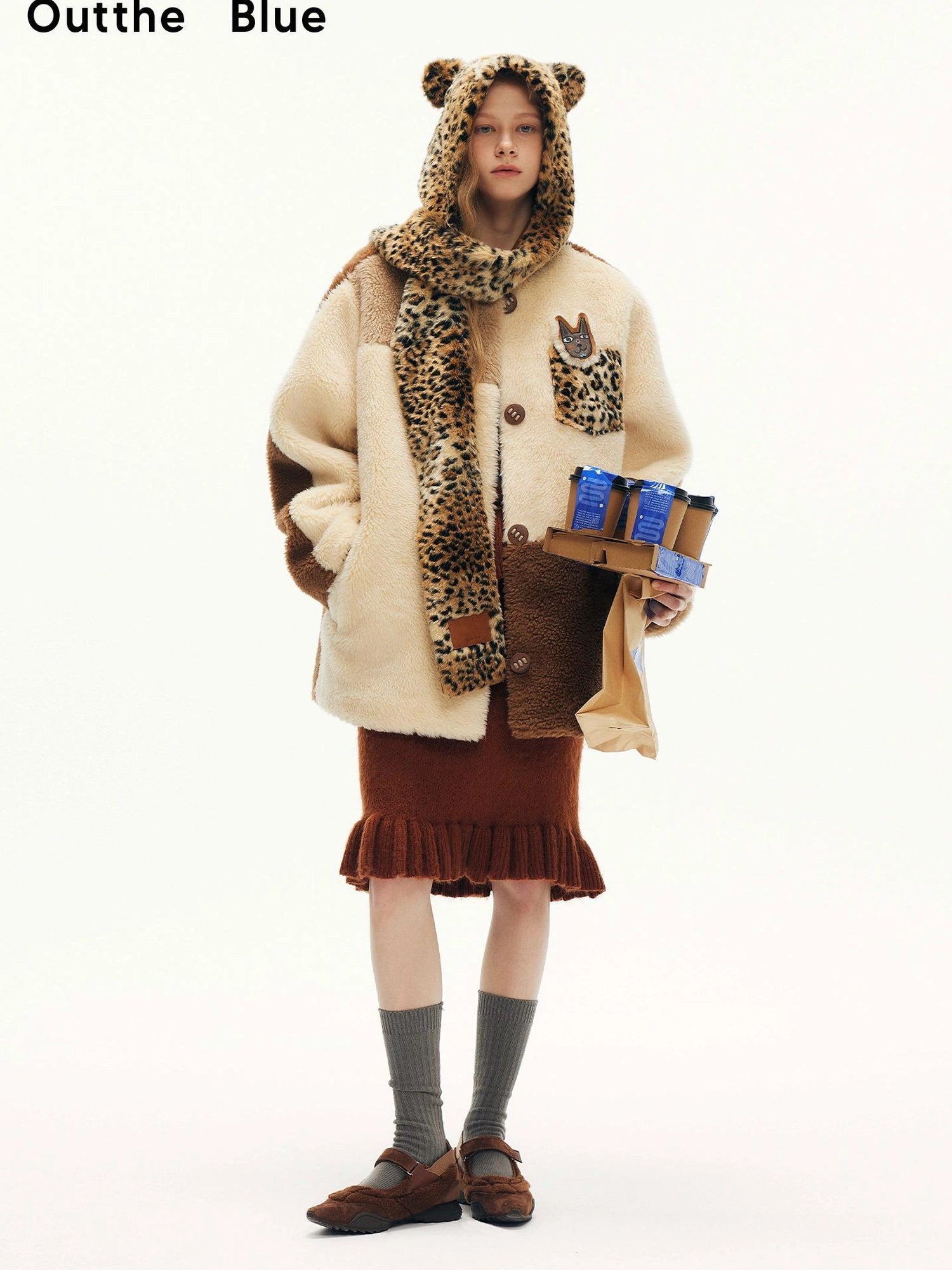 Three Tone Patchwork Shearling Coat V-neck T-shirt Long Sleeve