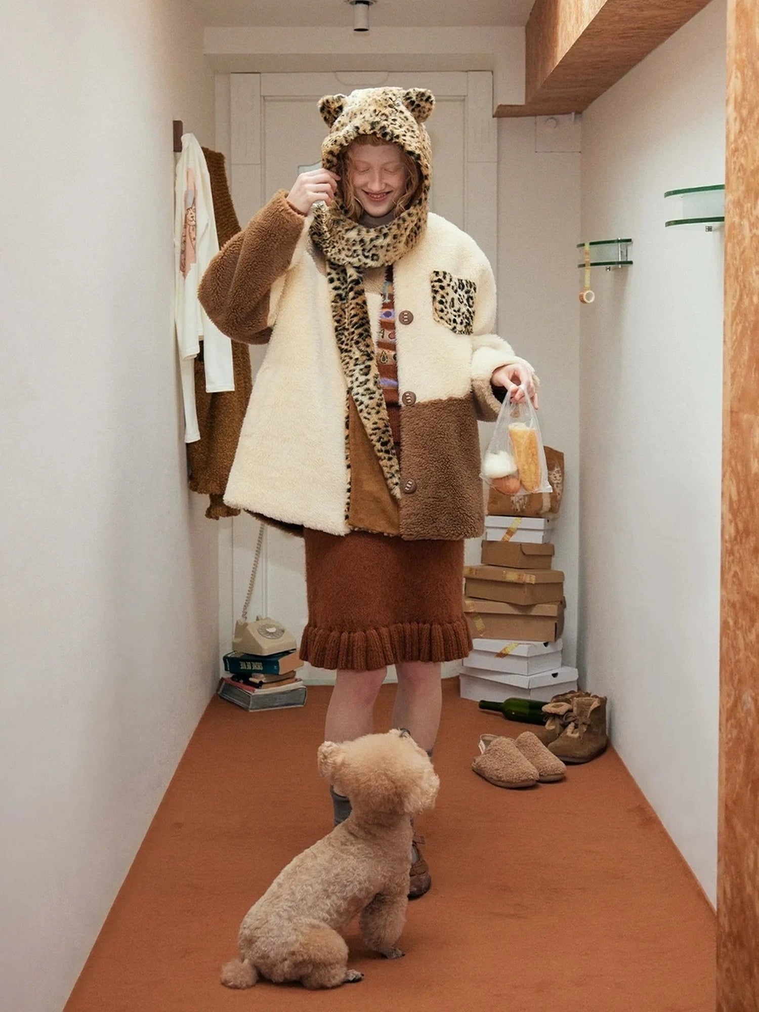 Three Tone Patchwork Shearling Coat V-neck T-shirt Long Sleeve
