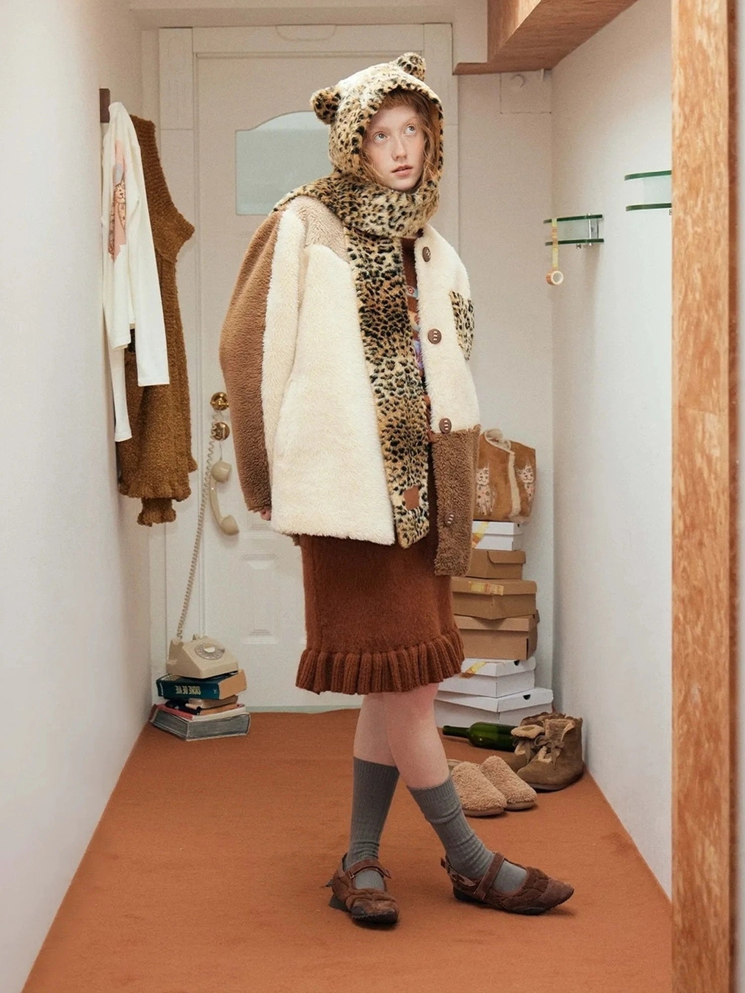 Three Tone Patchwork Shearling Coat V-neck T-shirt Long Sleeve