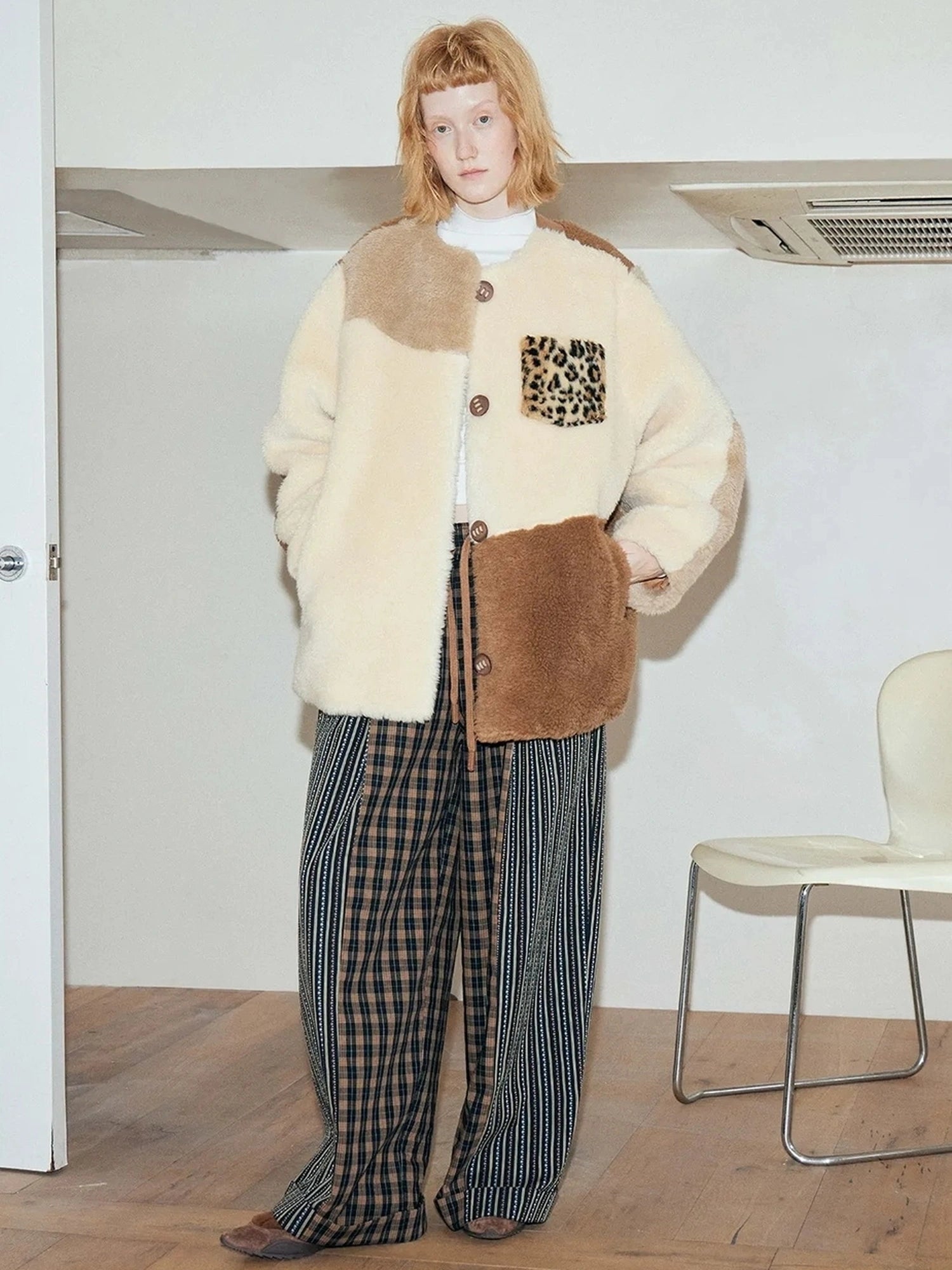 Three Tone Patchwork Shearling Coat V-neck T-shirt Long Sleeve