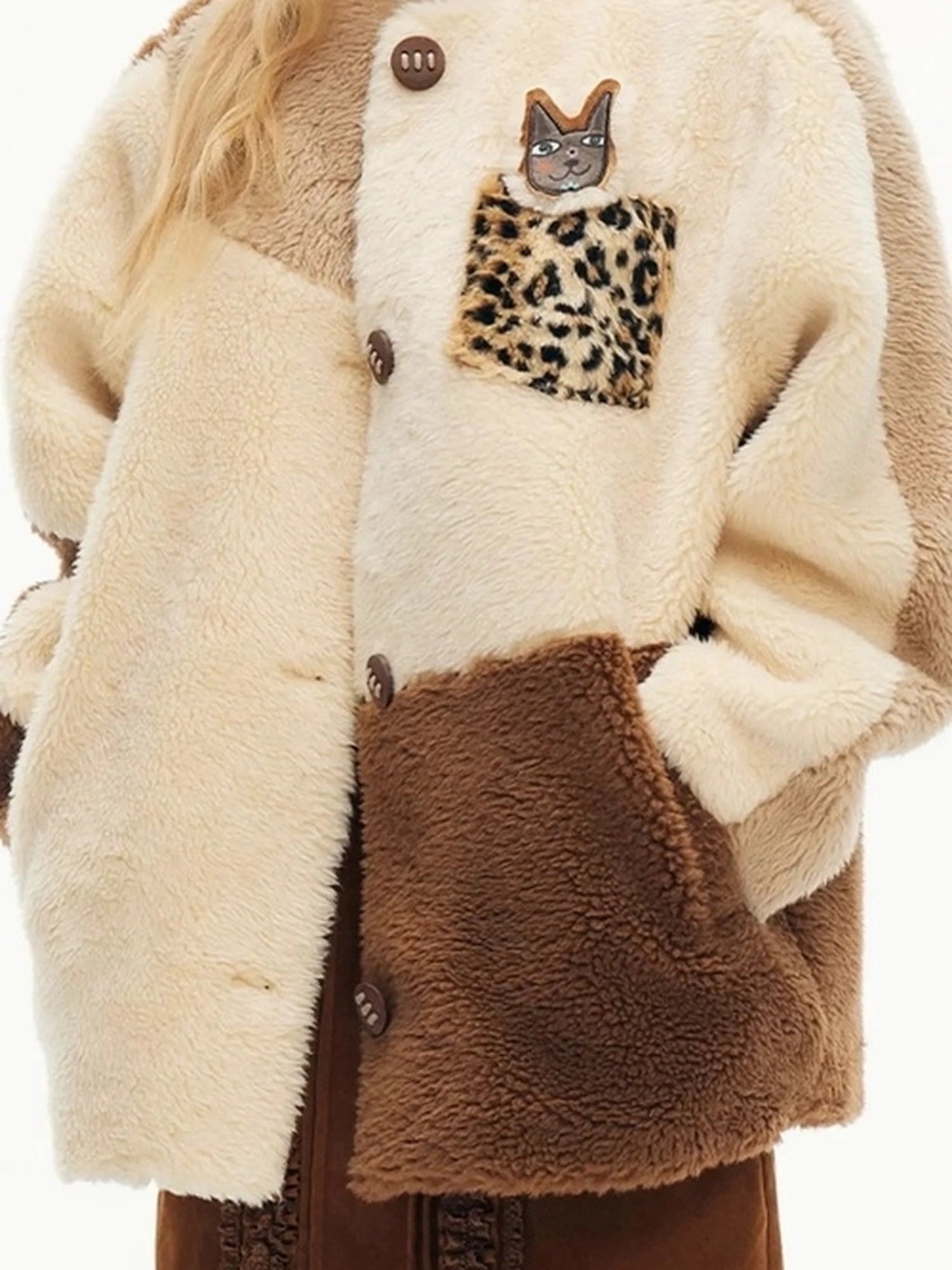 Three Tone Patchwork Shearling Coat V-neck T-shirt Long Sleeve