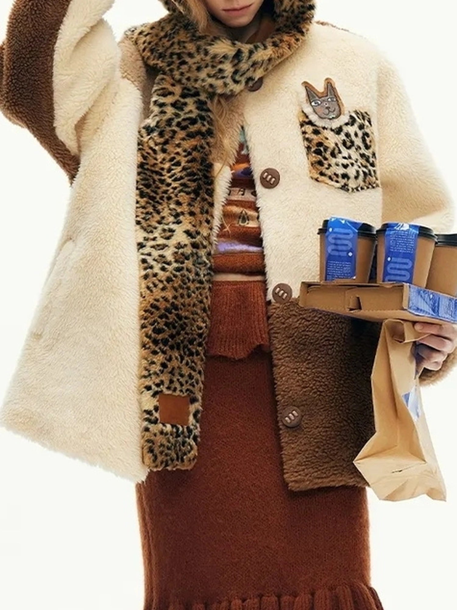 Three Tone Patchwork Shearling Coat V-neck T-shirt Long Sleeve