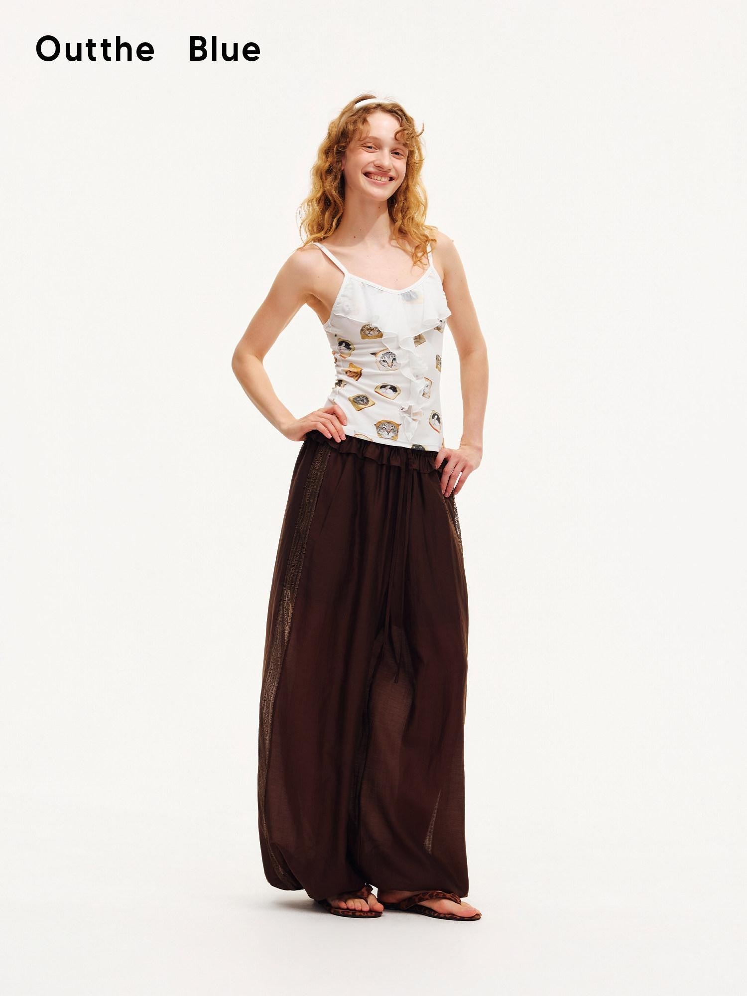 OuttheBlue Toast Cat Animal Print Ruffle Hem Slim Fit Women&