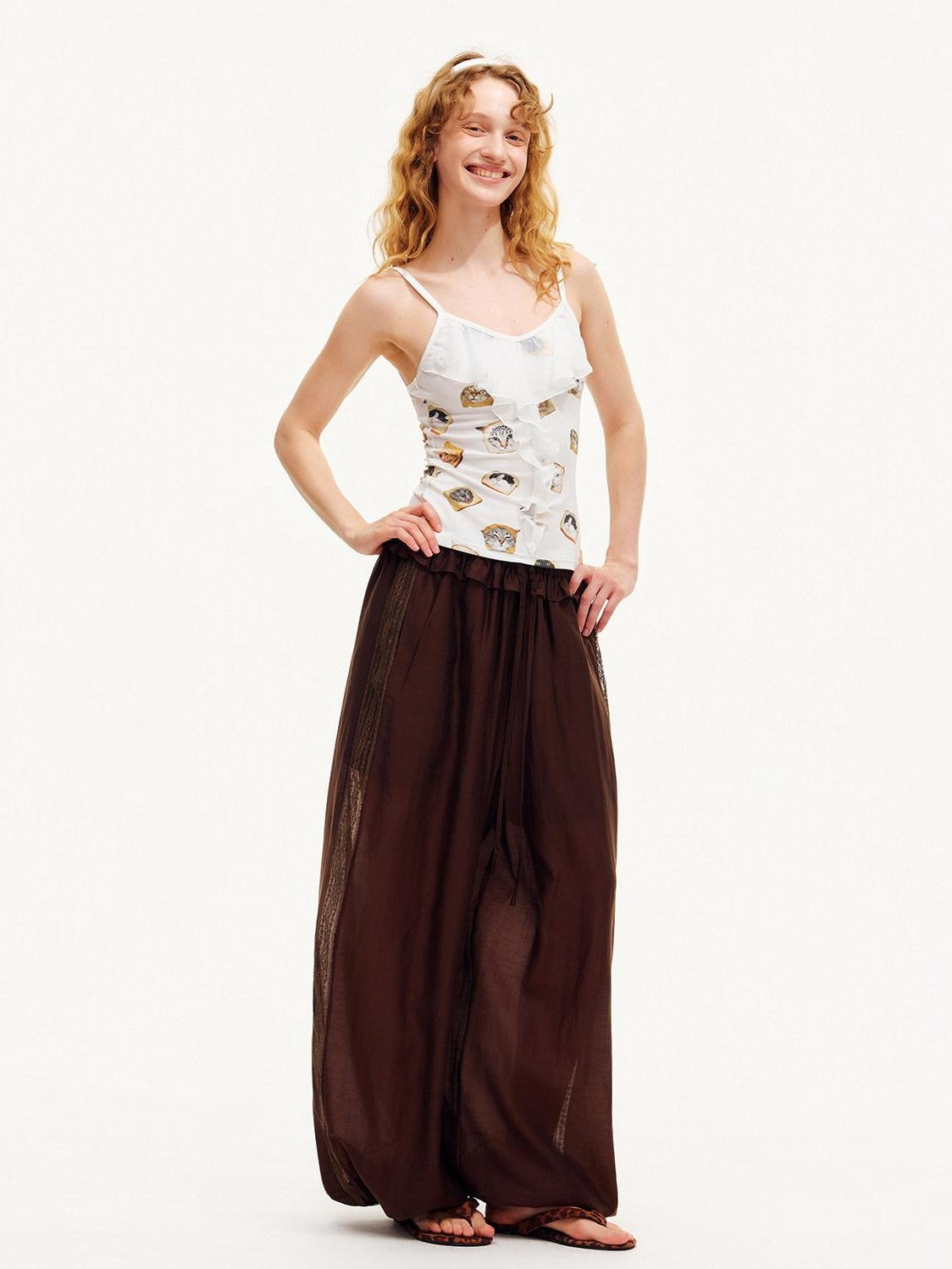 OuttheBlue Toast Cat Animal Print Ruffle Hem Slim Fit Women&