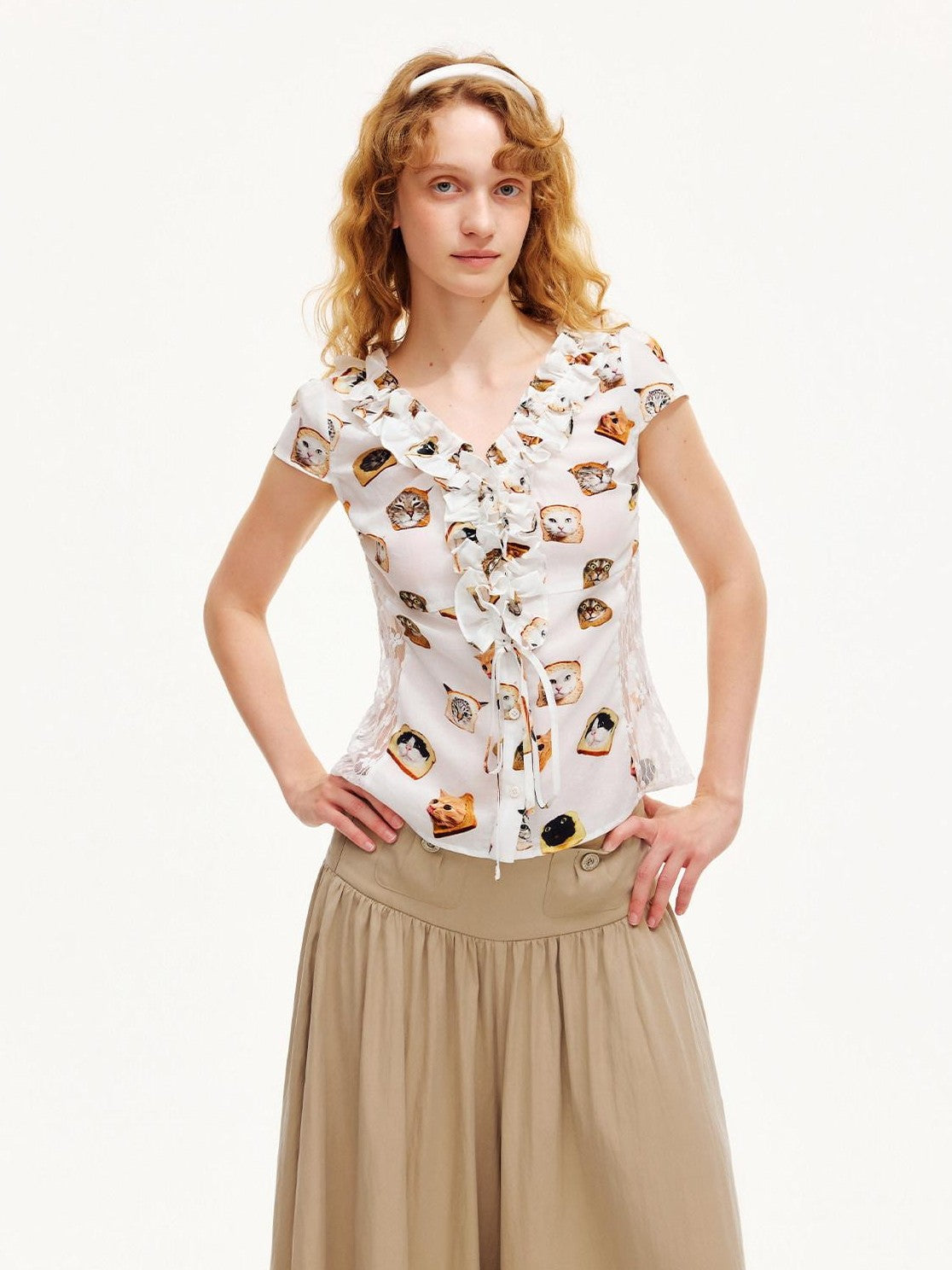 OuttheBlue Toast Cat Print Ruffle Edge Lace Tie Women&