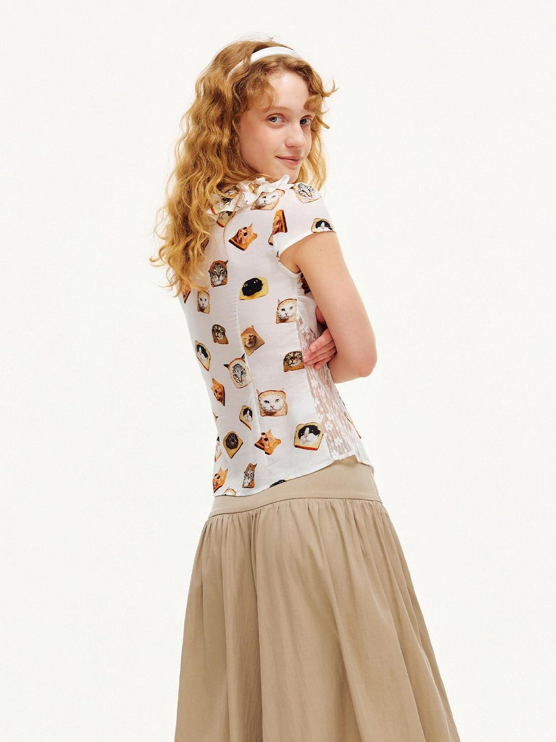 OuttheBlue Toast Cat Print Ruffle Edge Lace Tie Women&