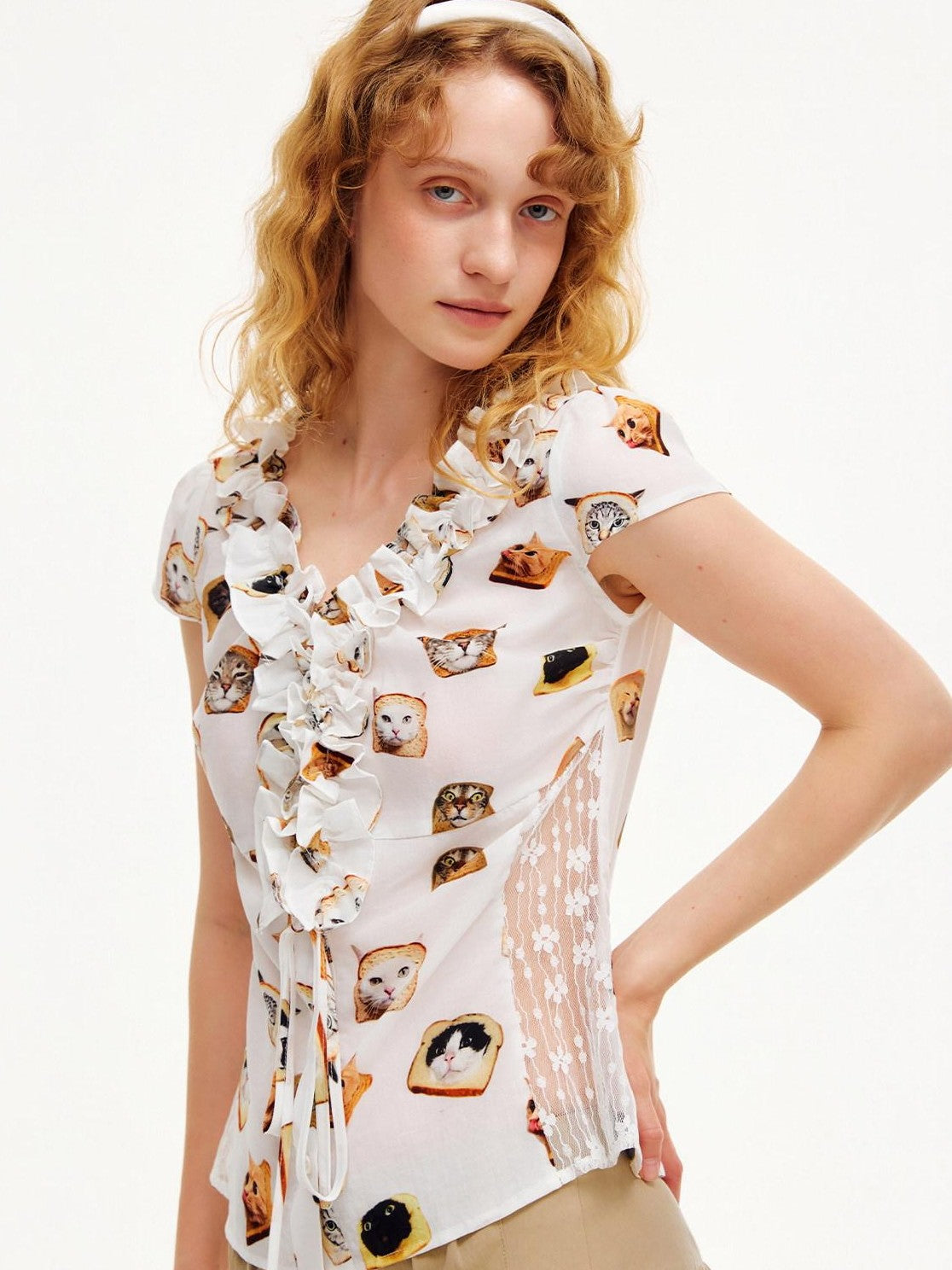 OuttheBlue Toast Cat Print Ruffle Edge Lace Tie Women&