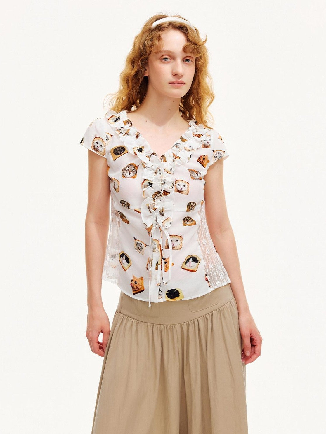 OuttheBlue Toast Cat Print Ruffle Edge Lace Tie Women&