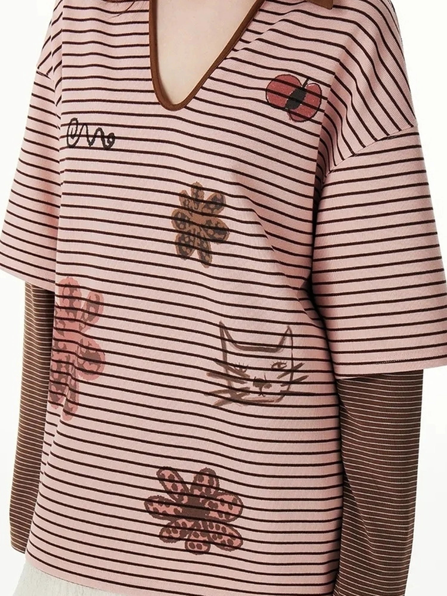 OuttheBlue Vintage Cat Garden Floral Embroidered V-neck Striped Polo Tee