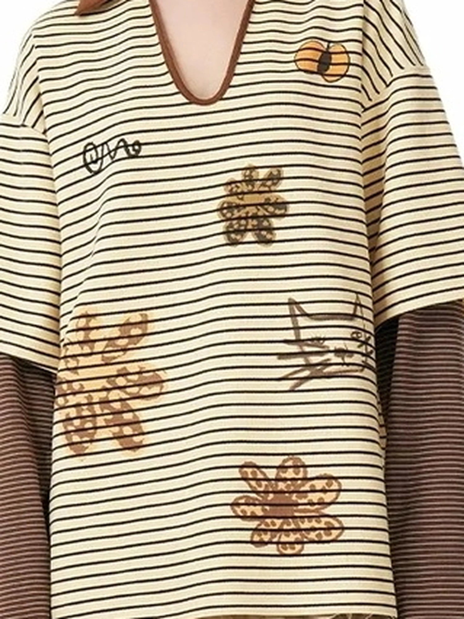 OuttheBlue Vintage Cat Garden Floral Embroidered V-neck Striped Polo Tee