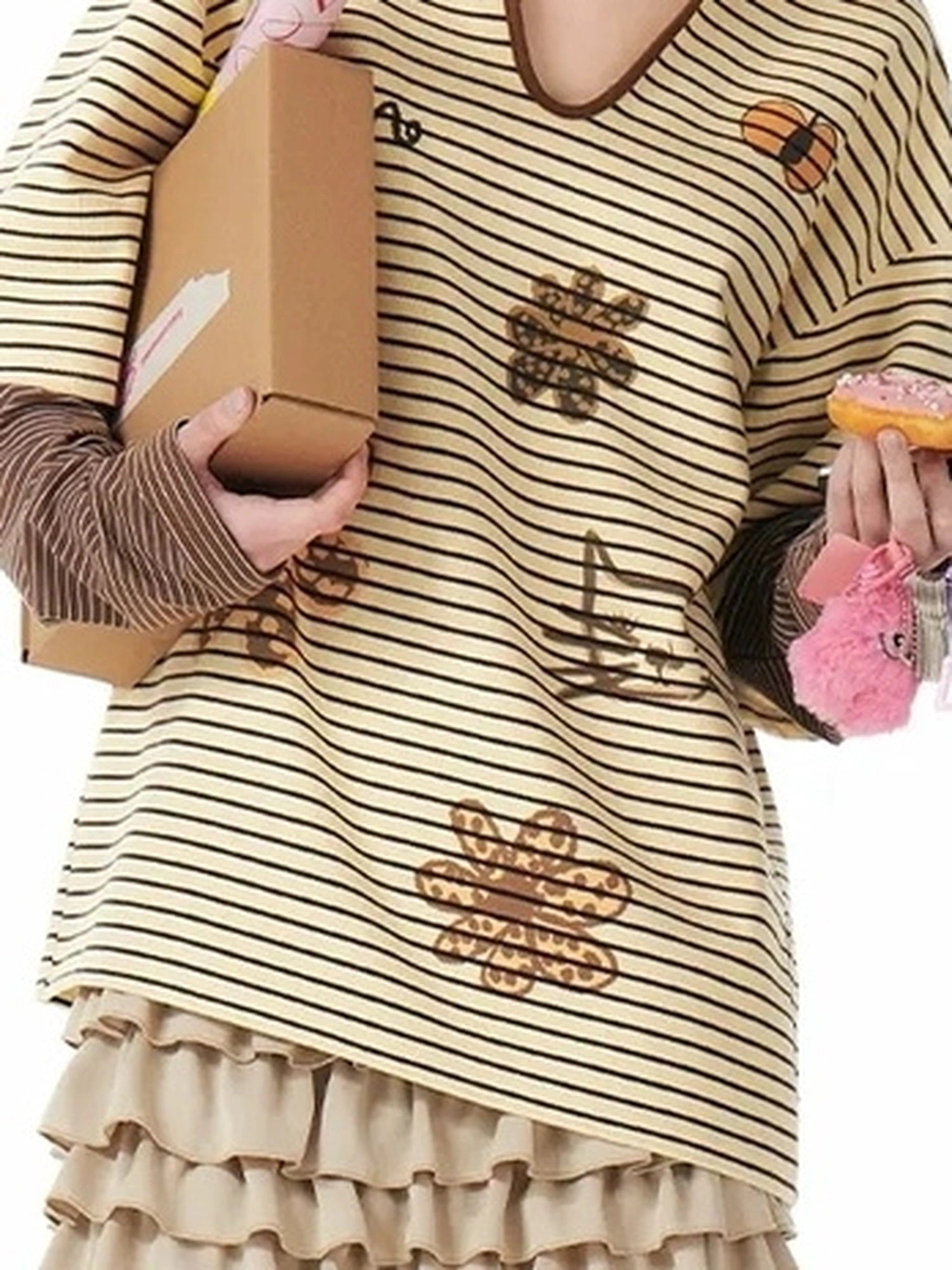 OuttheBlue Vintage Cat Garden Floral Embroidered V-neck Striped Polo Tee