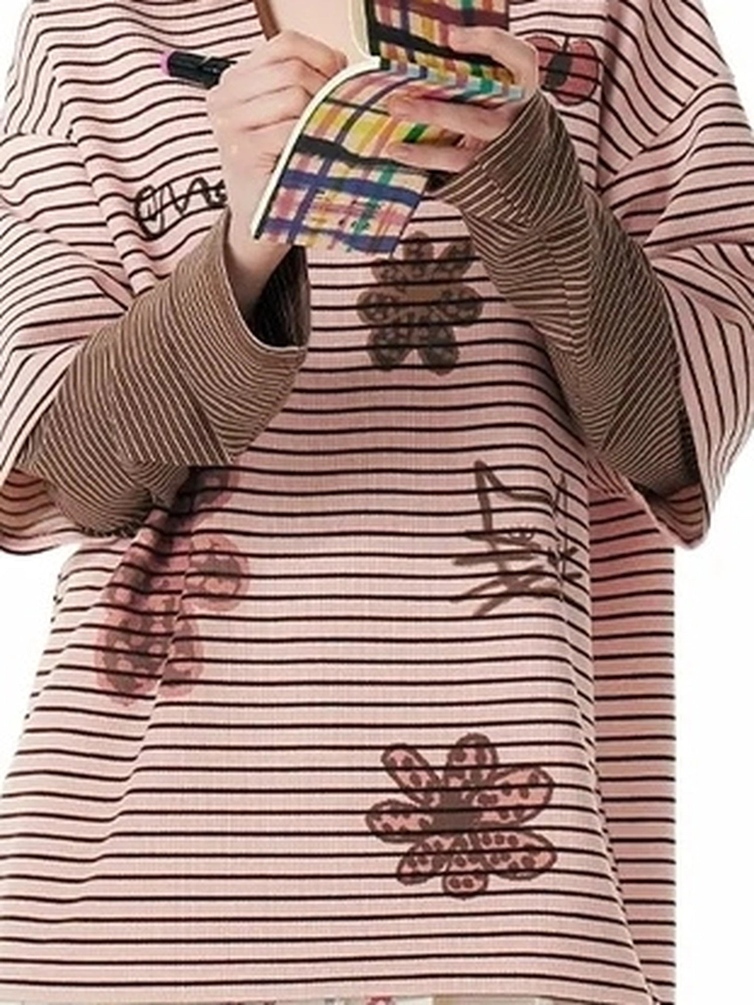OuttheBlue Vintage Cat Garden Floral Embroidered V-neck Striped Polo Tee