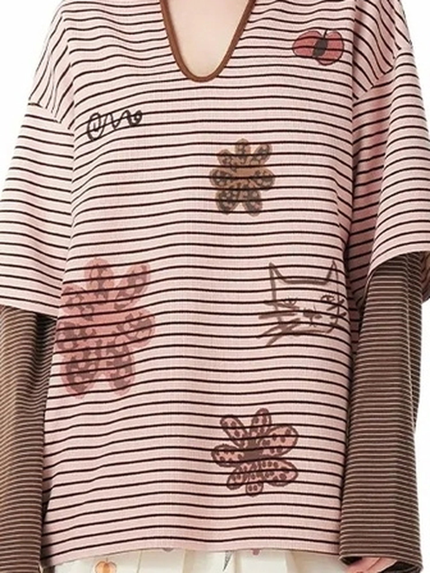 OuttheBlue Vintage Cat Garden Floral Embroidered V-neck Striped Polo Tee