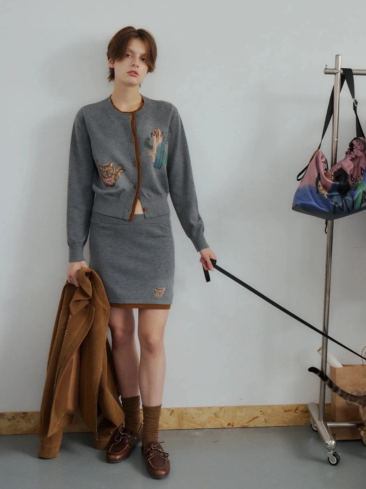 OuttheBlue Vintage Floral Cactus Knit Cardigan Skirt Set