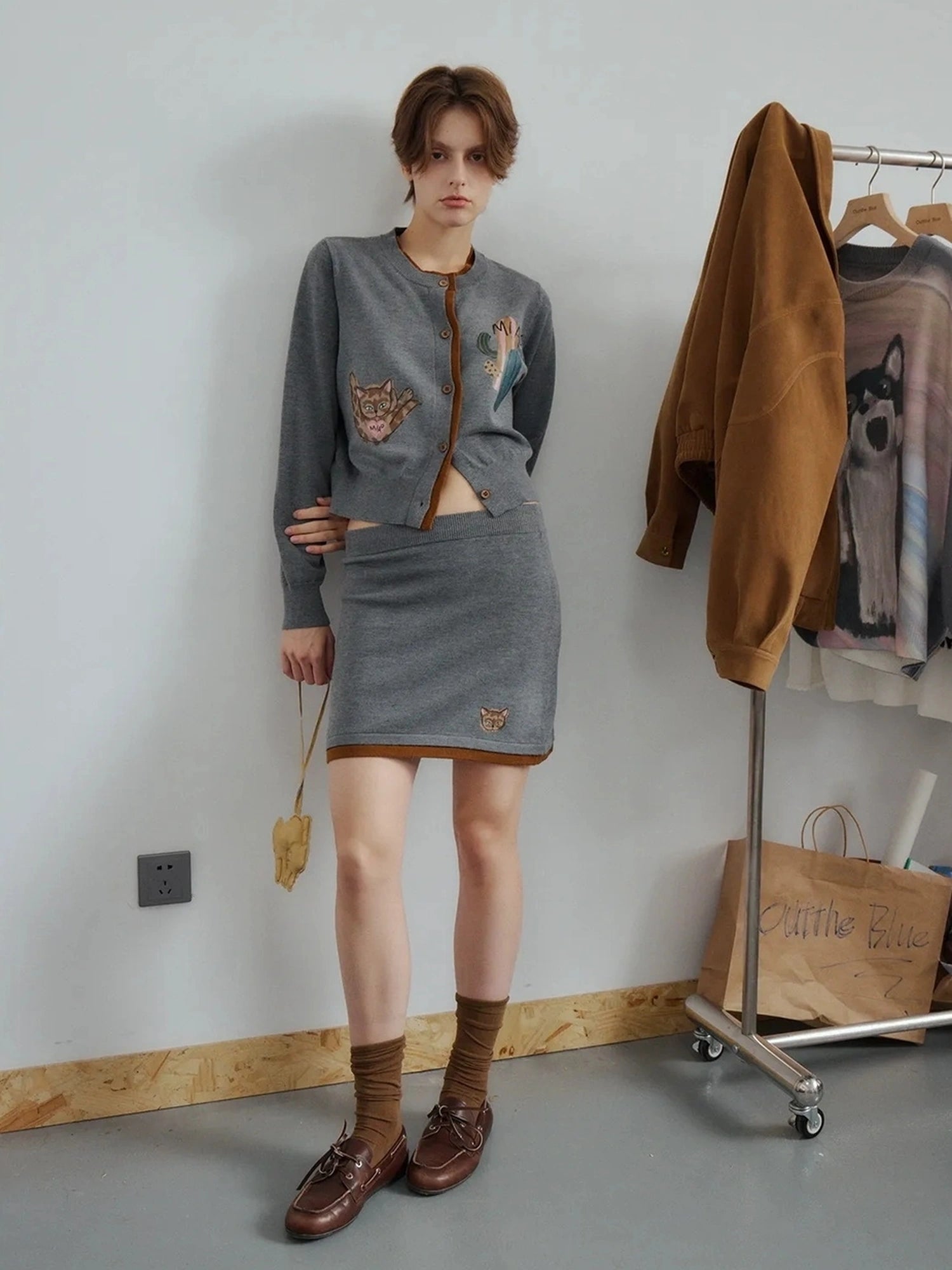 OuttheBlue Vintage Floral Cactus Knit Cardigan Skirt Set
