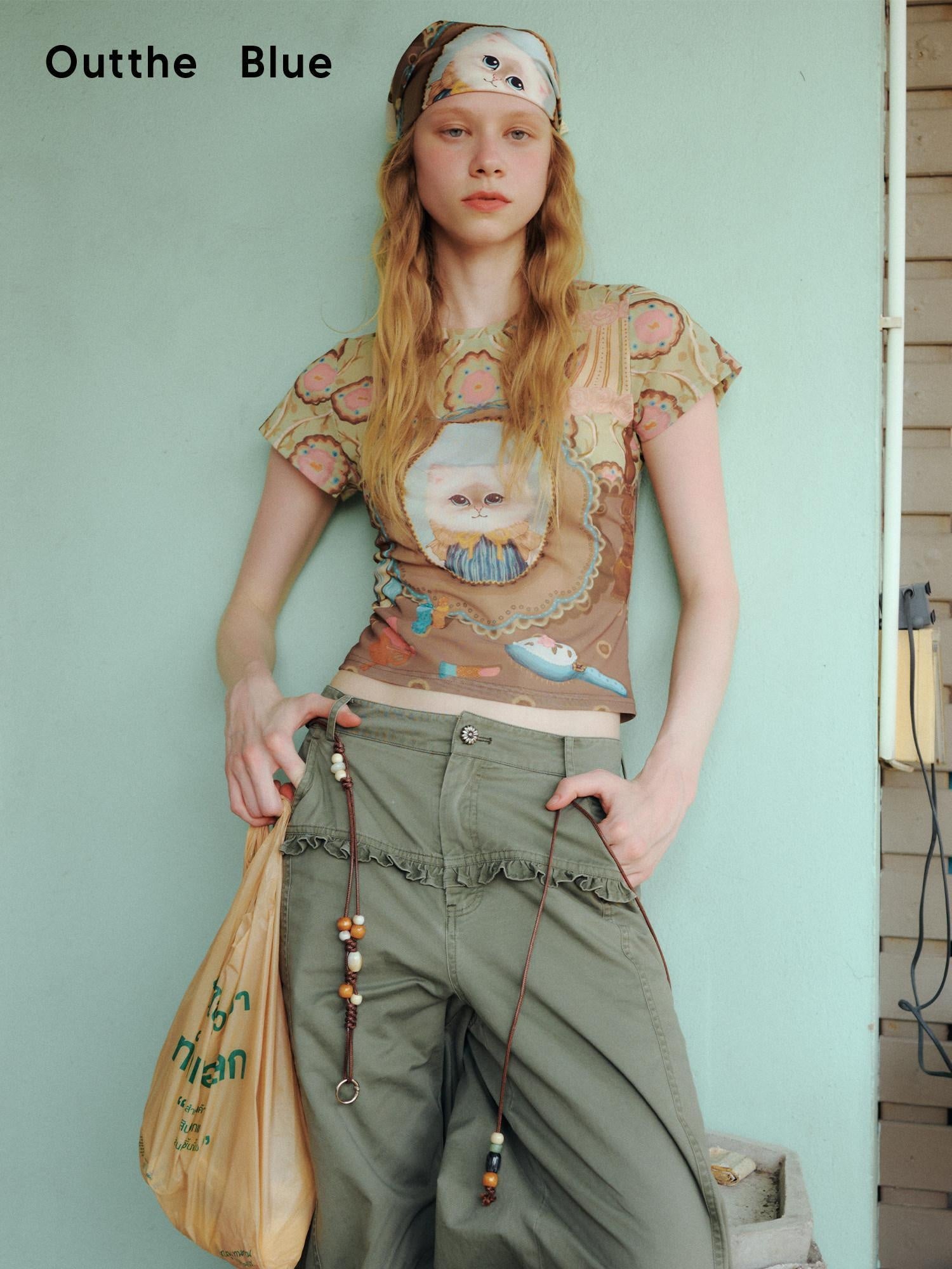OuttheBlue Vintage Mesh Cropped Slim Waist Animal Print Light Green Short Sleeve T-Shirts