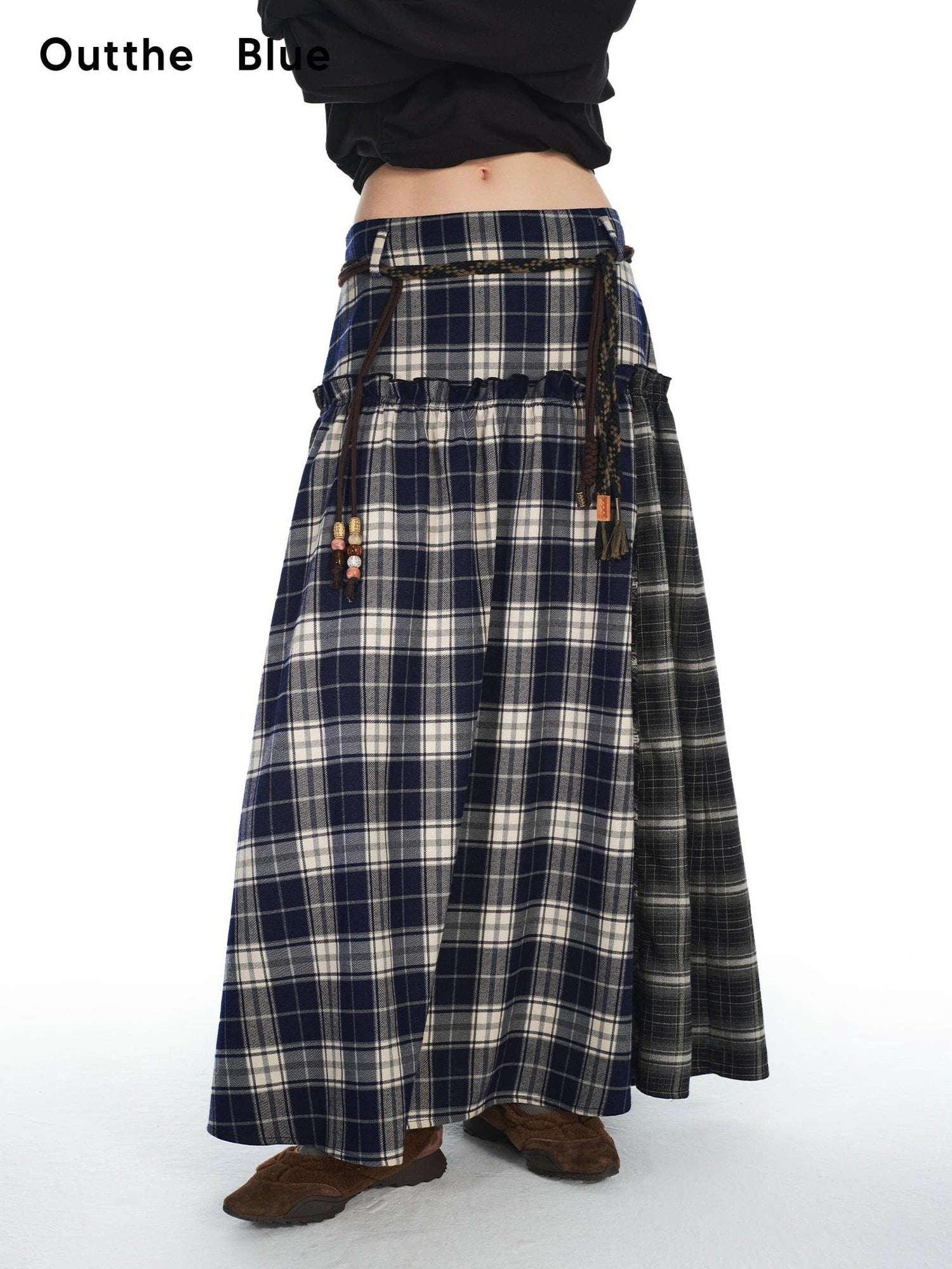 OuttheBlue Vintage Patchwork Plaid Flounce Midi Skirt