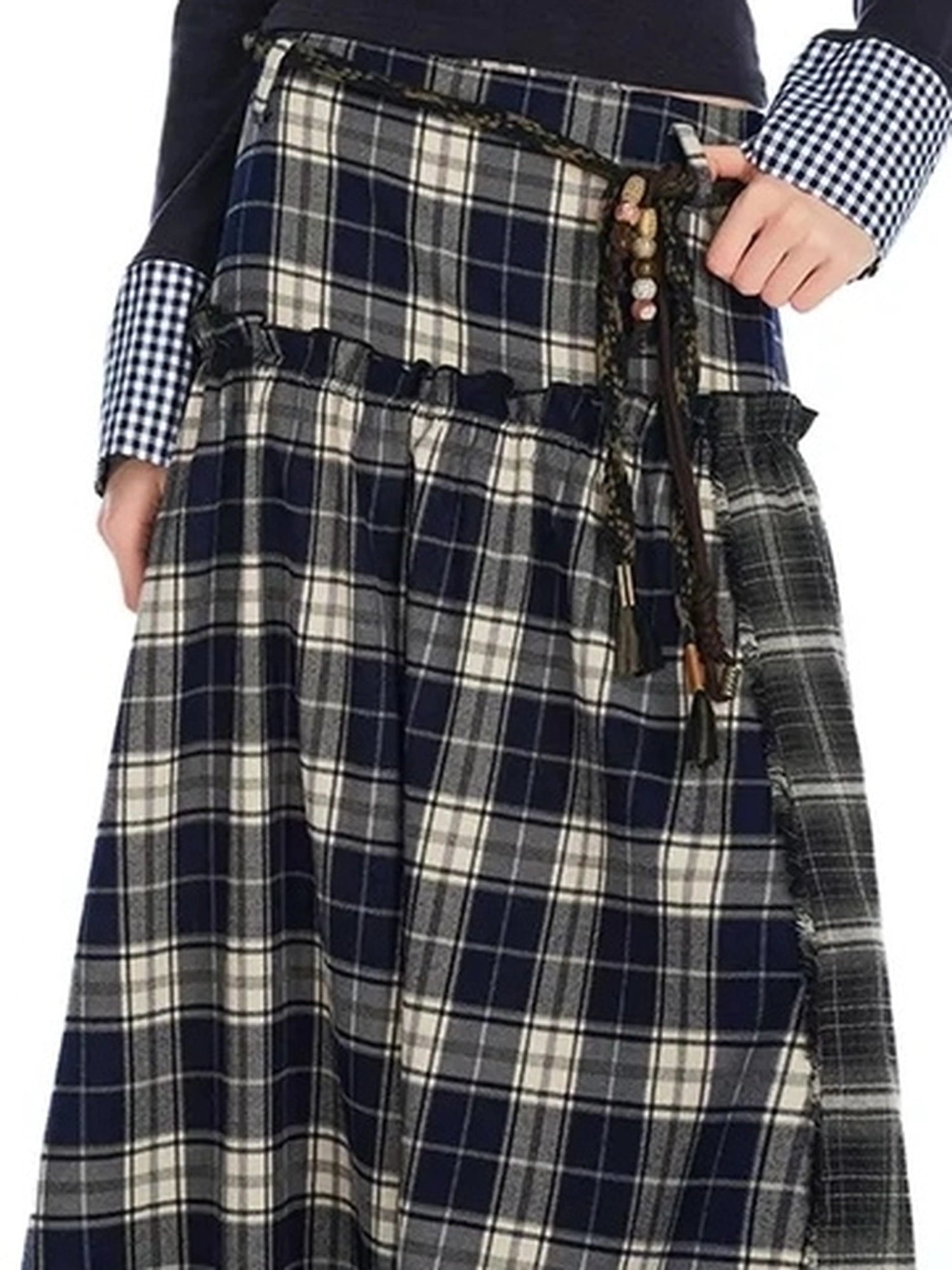 OuttheBlue Vintage Patchwork Plaid Flounce Midi Skirt