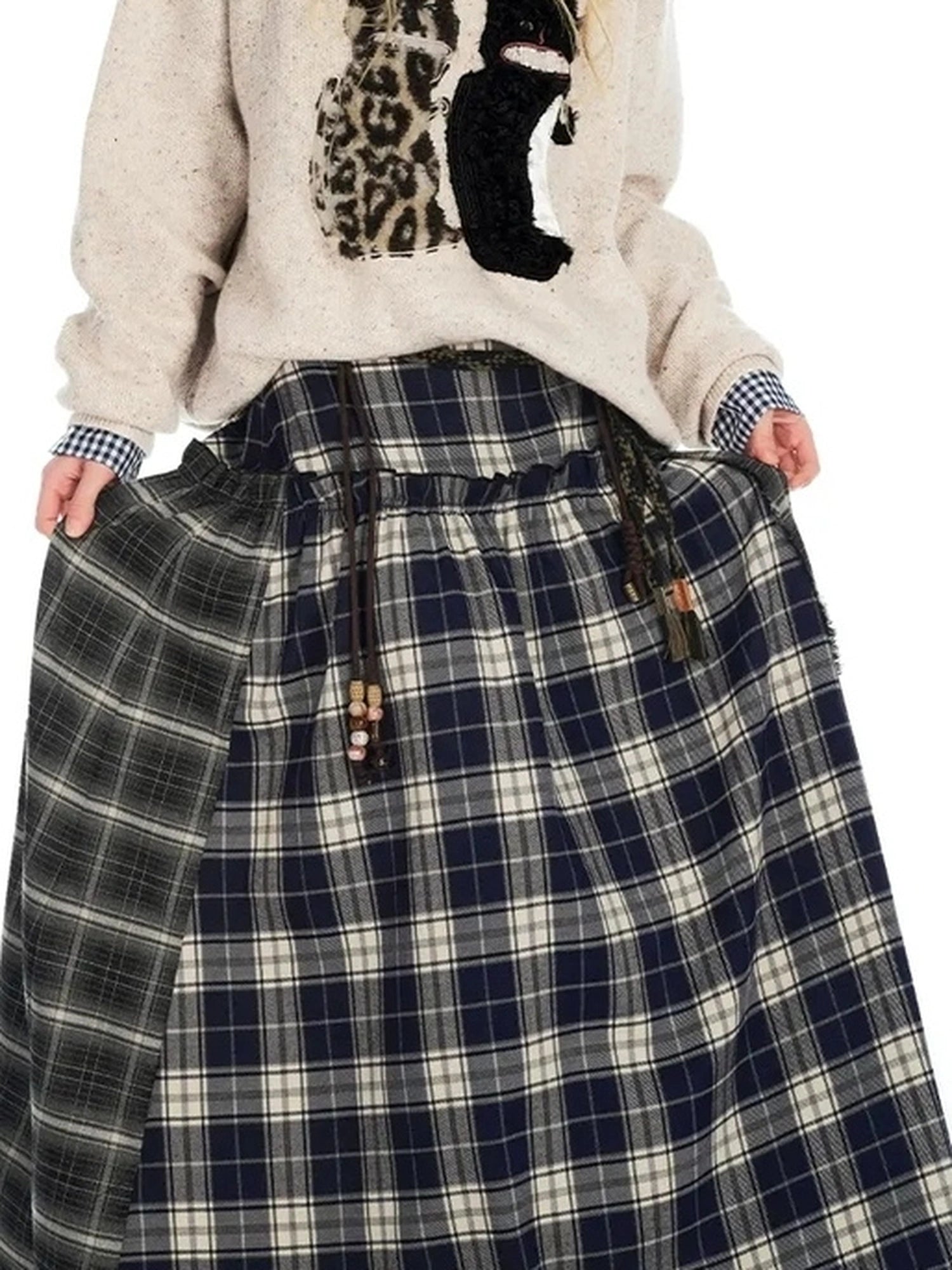 OuttheBlue Vintage Patchwork Plaid Flounce Midi Skirt