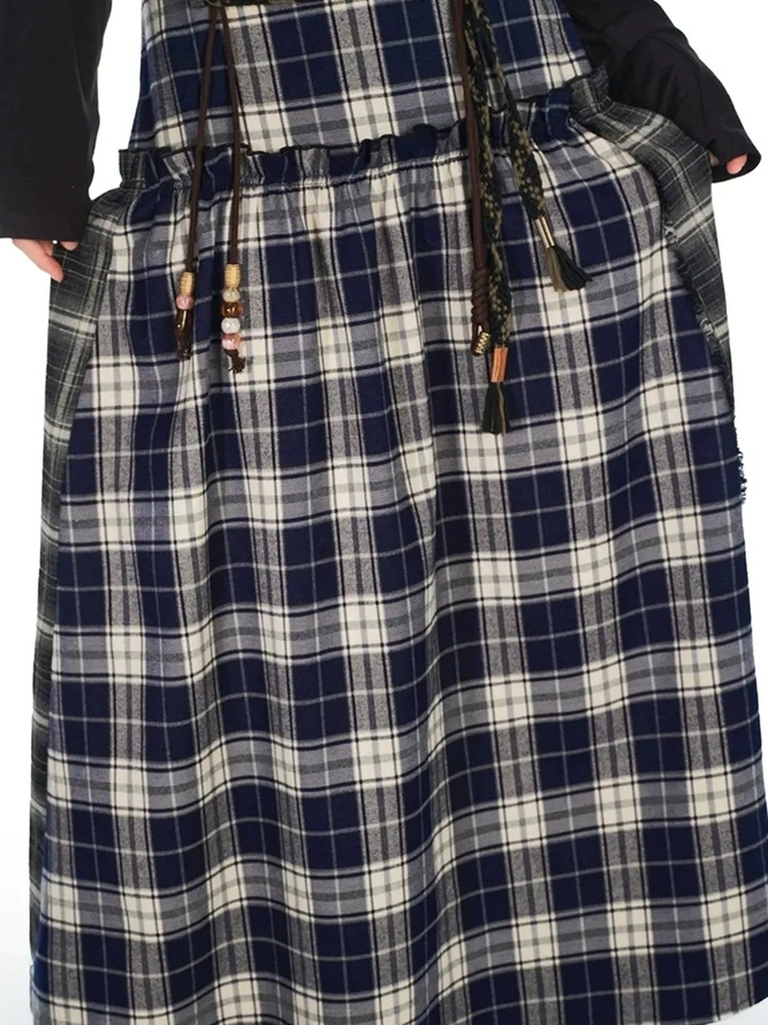 OuttheBlue Vintage Patchwork Plaid Flounce Midi Skirt