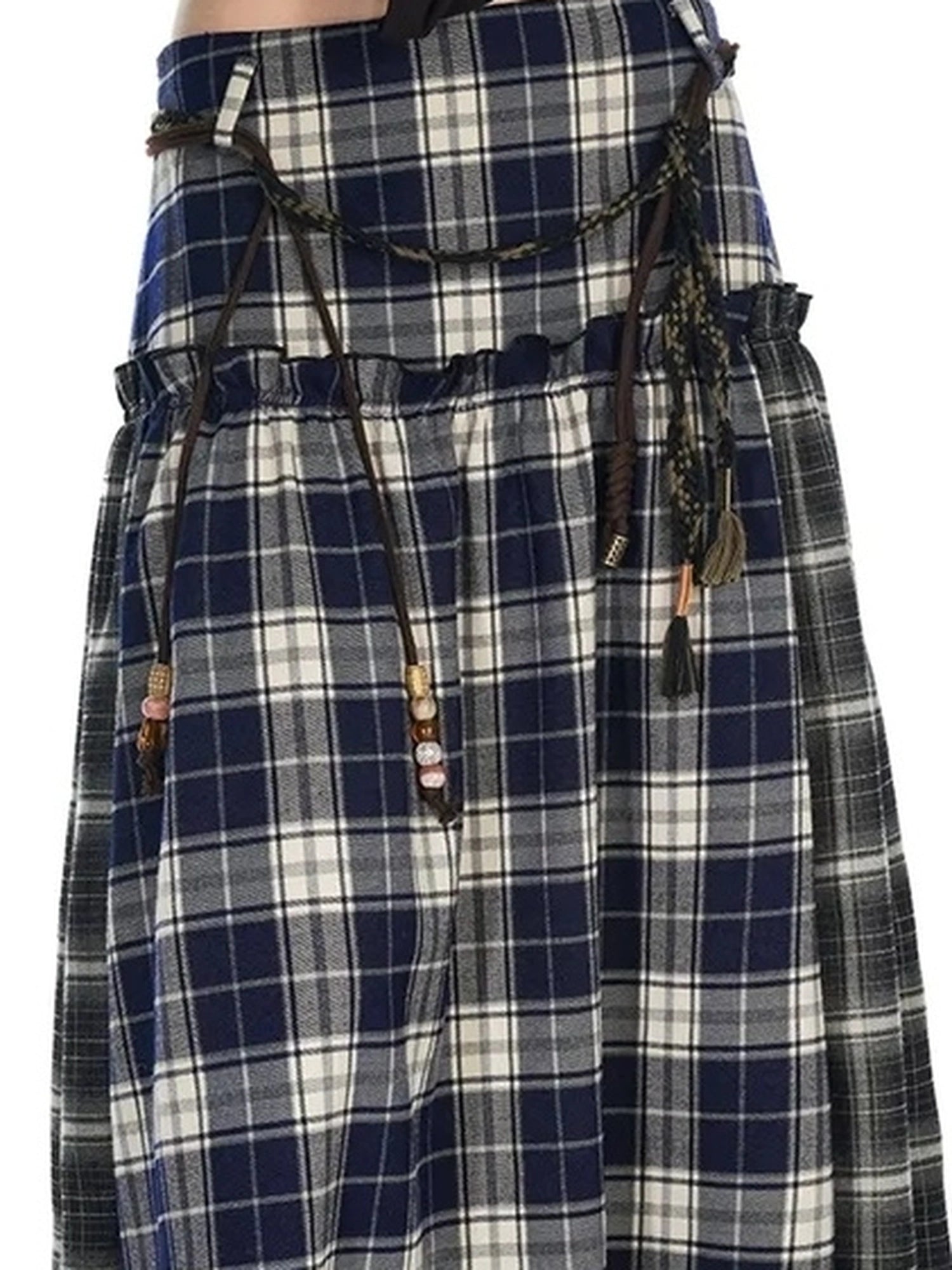 OuttheBlue Vintage Patchwork Plaid Flounce Midi Skirt