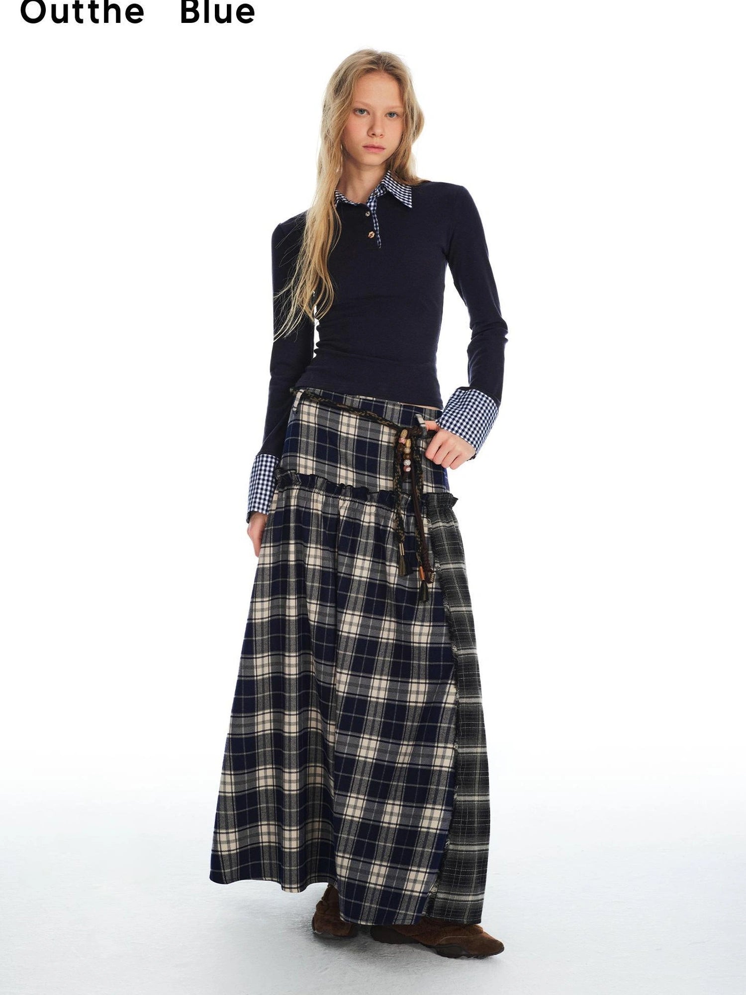 OuttheBlue Vintage Patchwork Plaid Flounce Midi Skirt