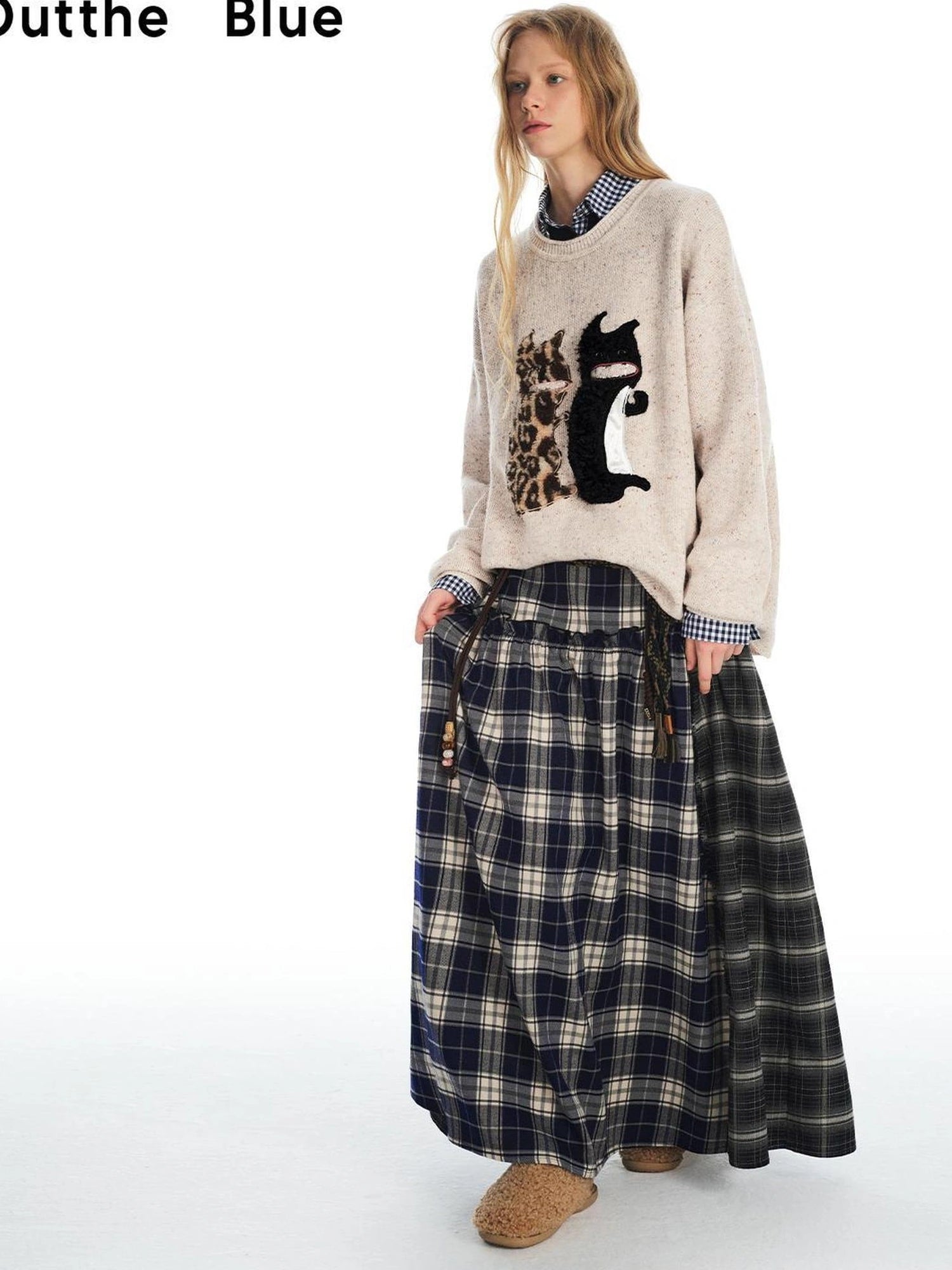 OuttheBlue Vintage Patchwork Plaid Flounce Midi Skirt