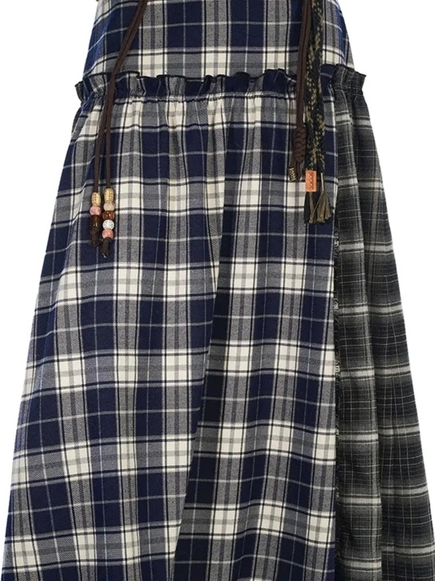 OuttheBlue Vintage Patchwork Plaid Flounce Midi Skirt
