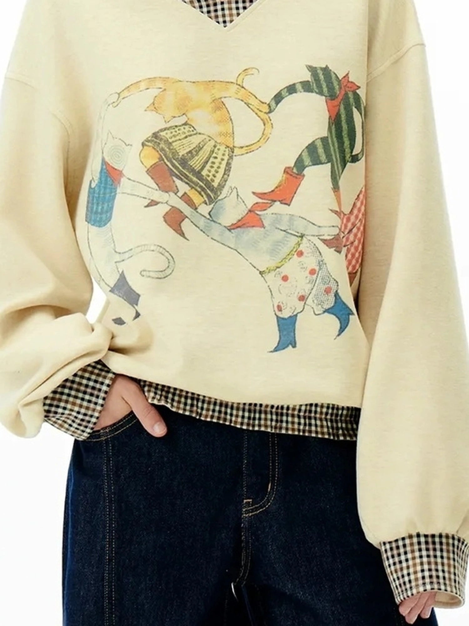 OuttheBlue Vintage Plaid Collage V-neck Hoodie
