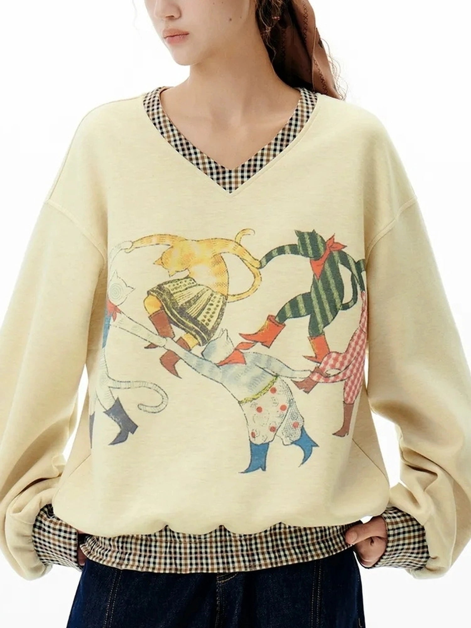 OuttheBlue Vintage Plaid Collage V-neck Hoodie