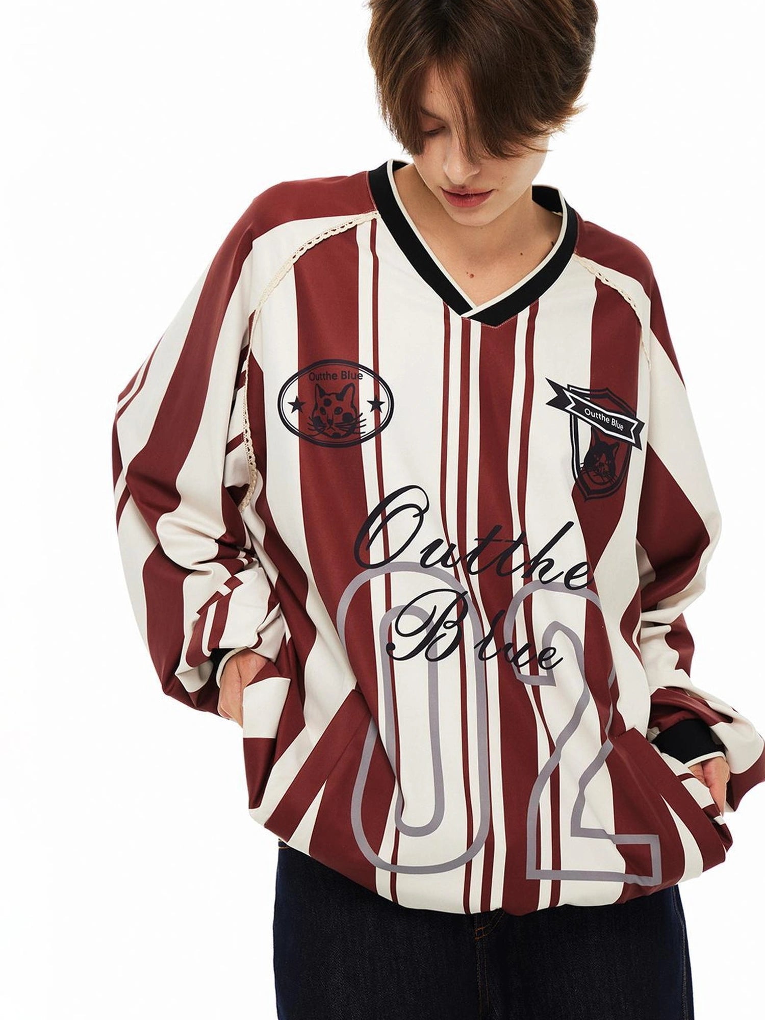 Vintage Stripe Cat Emblem Lace Trim Jersey Tee
