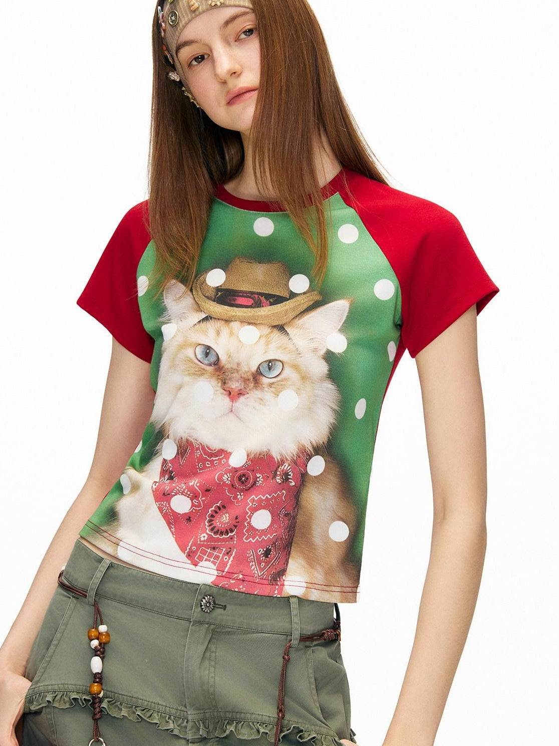 OuttheBlue Waist Defining Raglan Crew Polka Animal Viscose Blend Short Sleeve T-Shirts