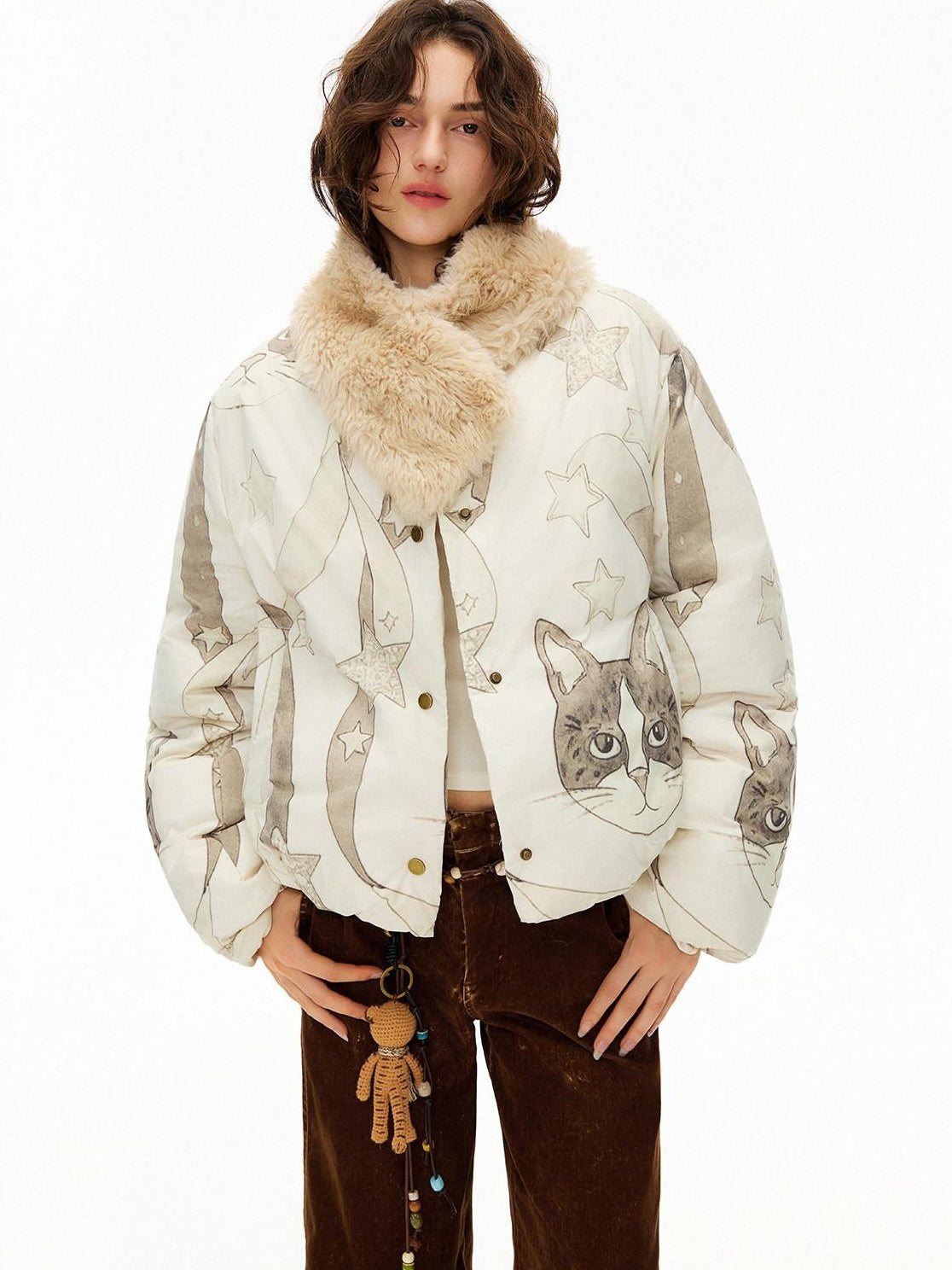 OuttheBlue Warm 90% Duck Down Short Cartoon Print Commuter Women Light Beige Down Jackets
