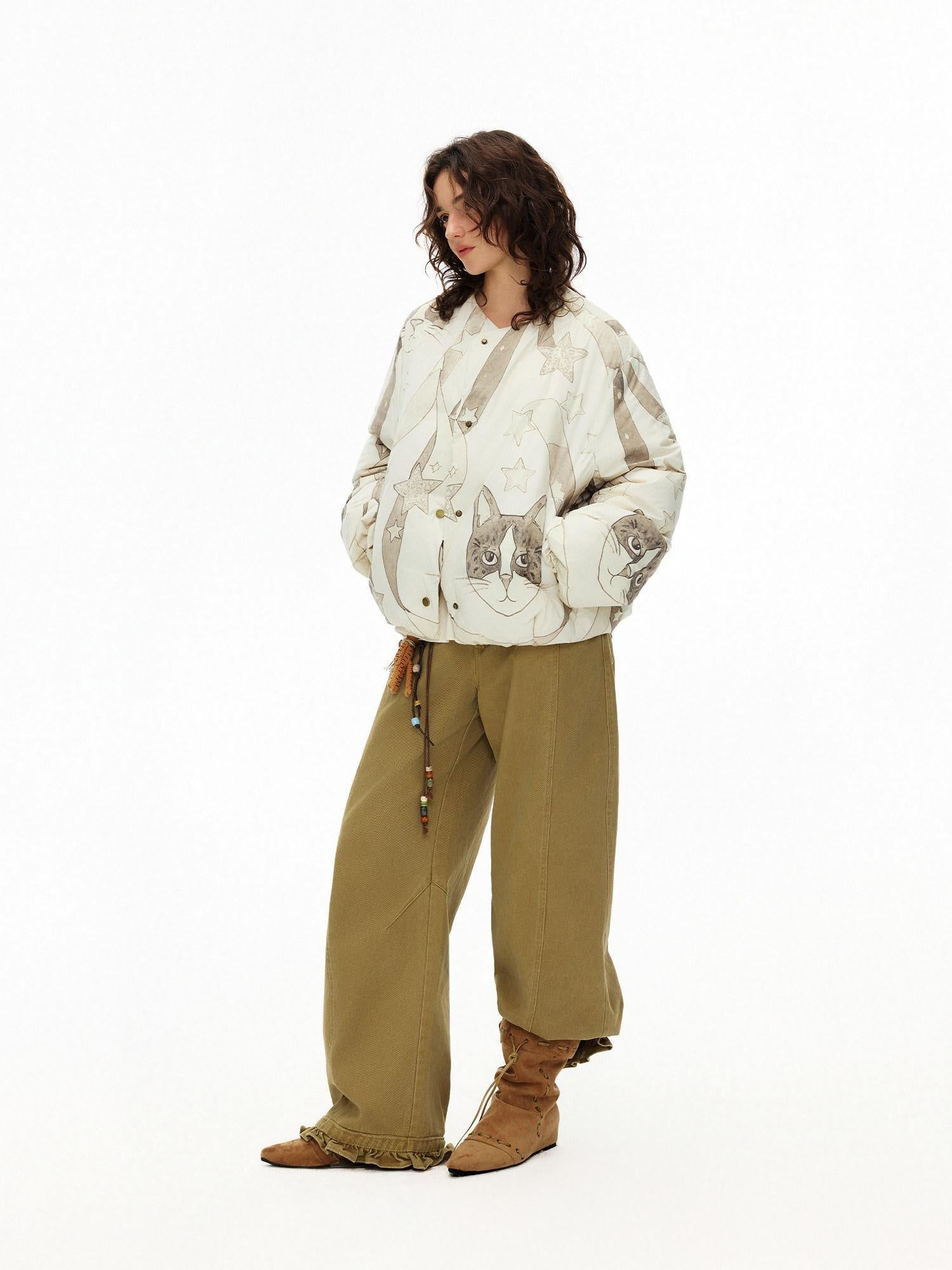OuttheBlue Warm 90% Duck Down Short Cartoon Print Commuter Women Light Beige Down Jackets