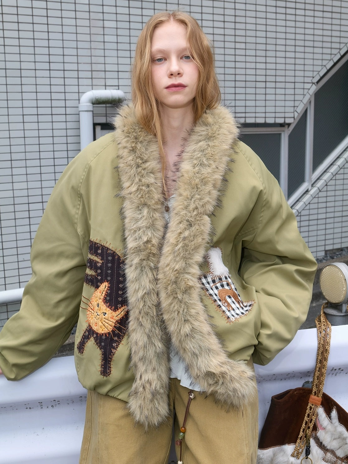 OuttheBlue Warm 90 Percent White Duck Down Straight Patch Applique Pale Green Down Jacket