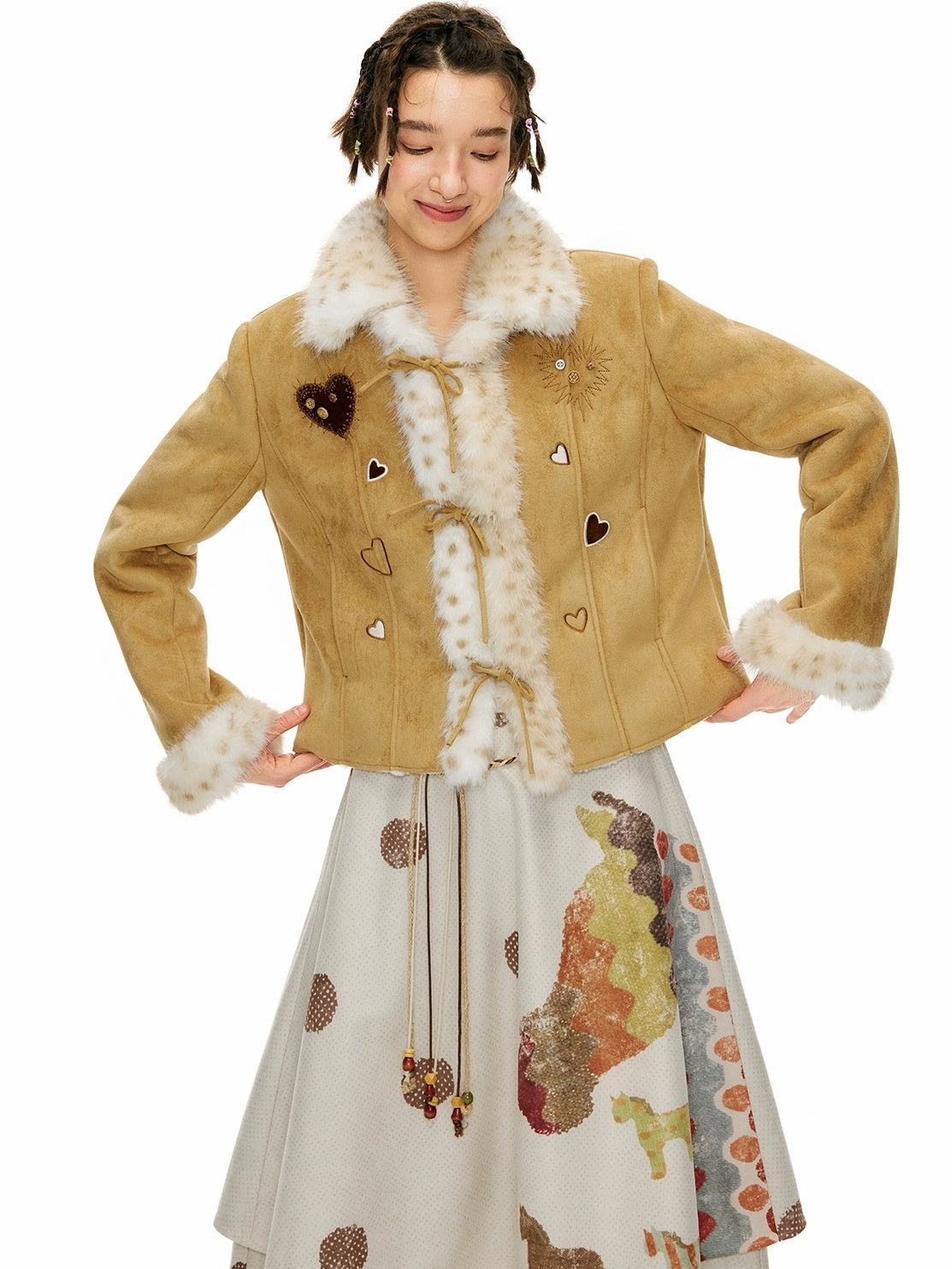 OuttheBlue Warm Casual Slim Faux Shearling Tie Waist Cropped Women Khaki Jacket