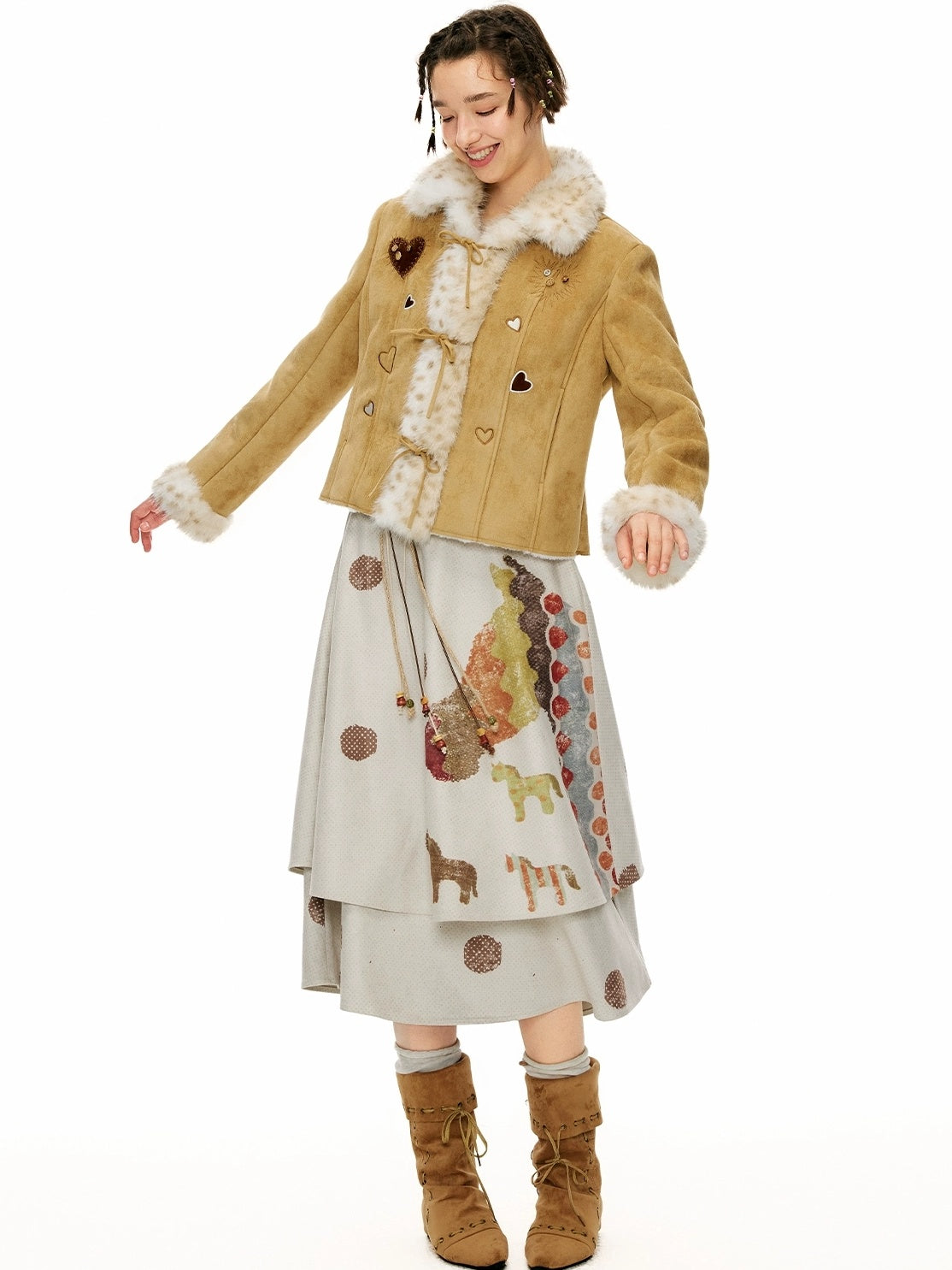 OuttheBlue Warm Casual Slim Faux Shearling Tie Waist Cropped Women Khaki Jacket