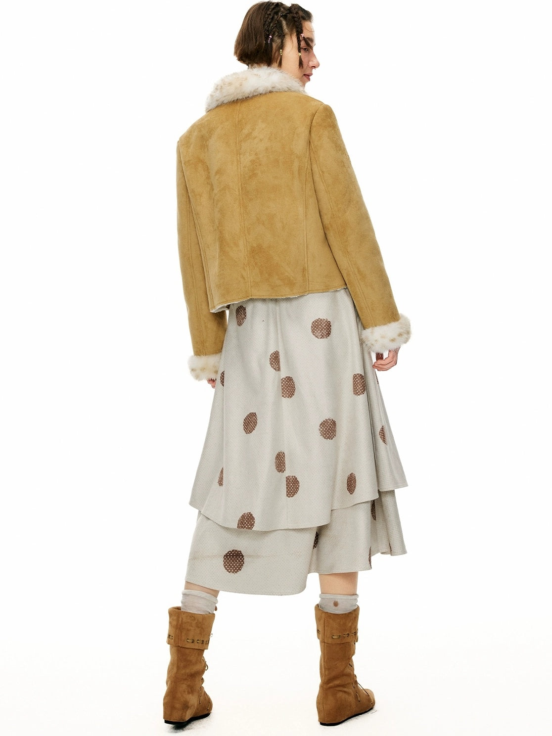 OuttheBlue Warm Casual Slim Faux Shearling Tie Waist Cropped Women Khaki Jacket