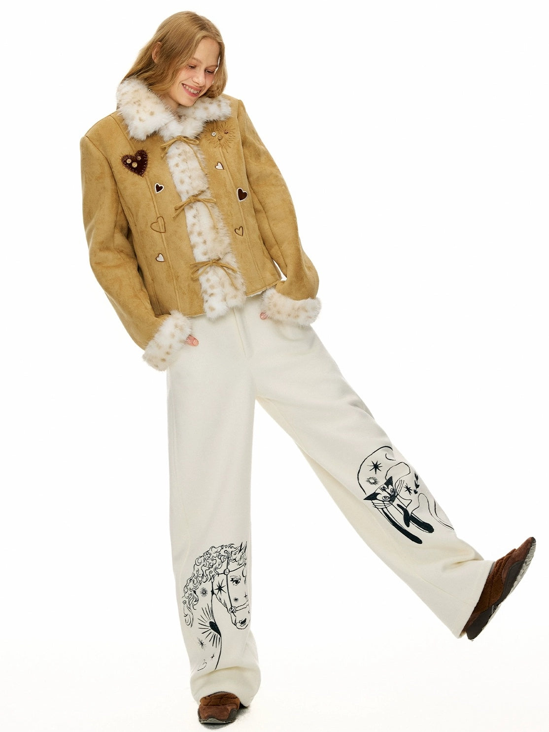 OuttheBlue Warm Casual Slim Faux Shearling Tie Waist Cropped Women Khaki Jacket